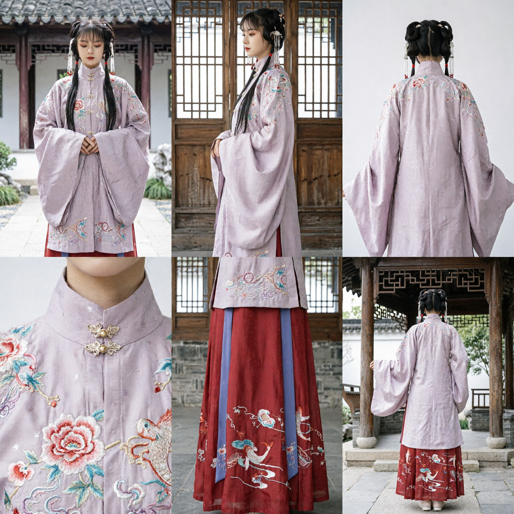 Traditionele Chinese Hanfu Ming-dynastie Stijl Paarse Staande Kraag Top en Rode Geborduurde Rok Set voor Vrouwen - Asian Costume