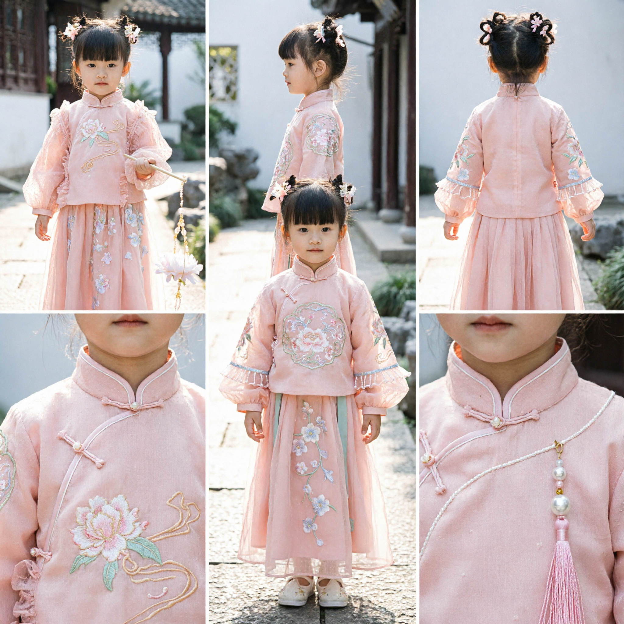 Mädchen pinkfarbenes traditionelles Hanfu-Kleid chinesische Stickerei Rüschenärmel Outfit für Festival Hochzeit - Asian Costume
