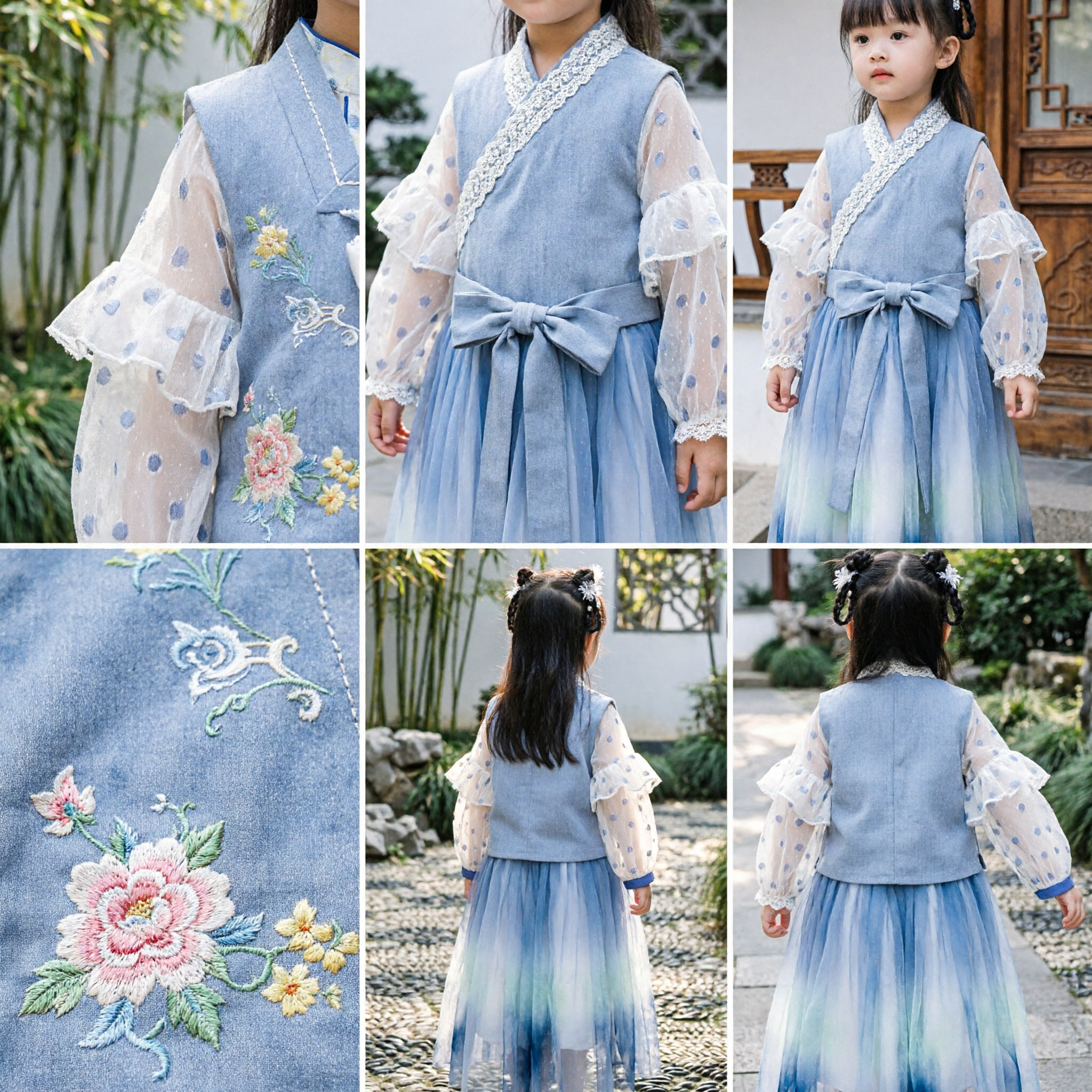 Kids Traditional Chinese Hanfu Clothing Set Blue Embroidered Vest and Tulle Skirt Ancient Costume for Girls Festival - Asian Costume