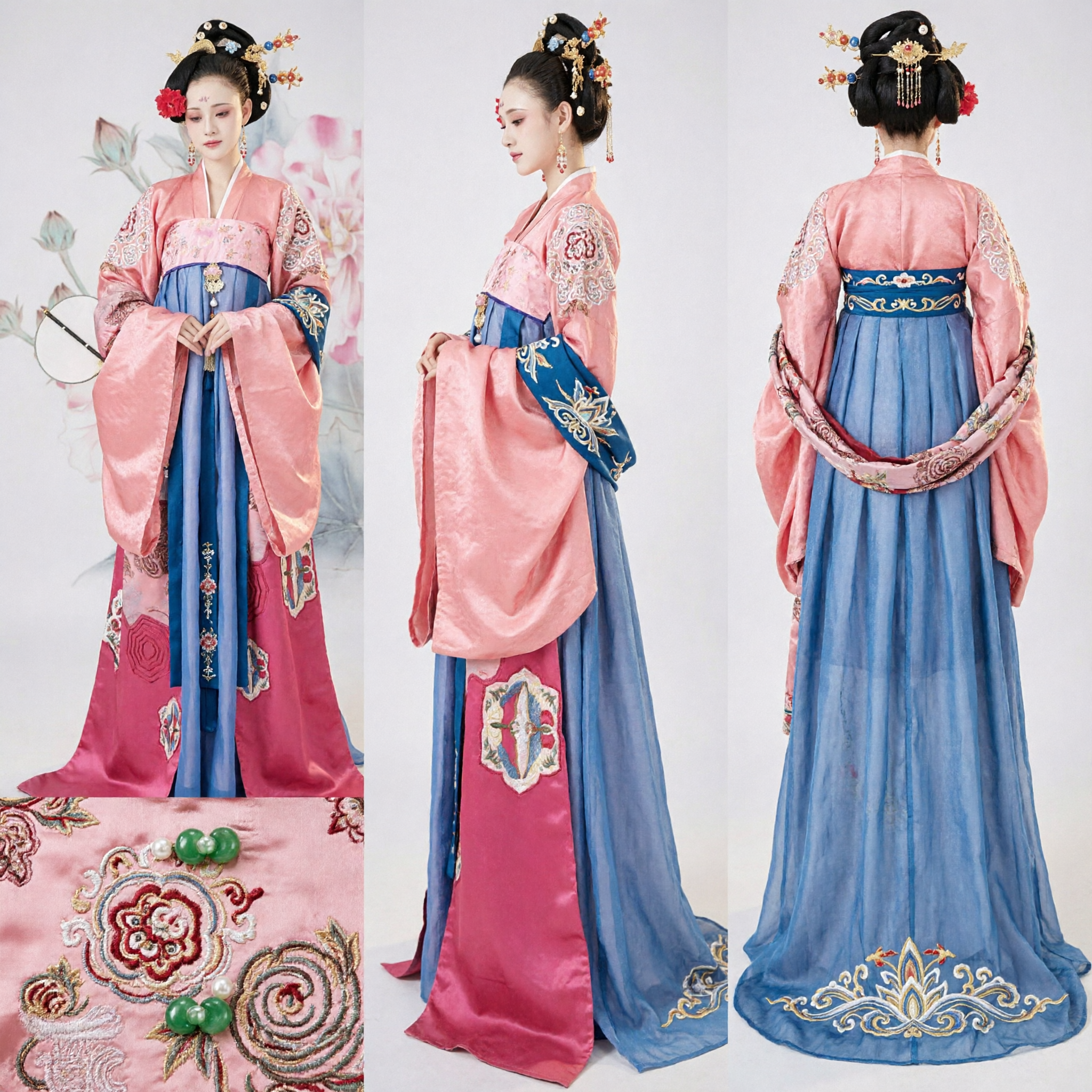 Traje Hanfu de Dama del Palacio de la Dinastía Tang Chino Tradicional Vestido Rosa y Azul Bordado para Mujer - Asian Costume