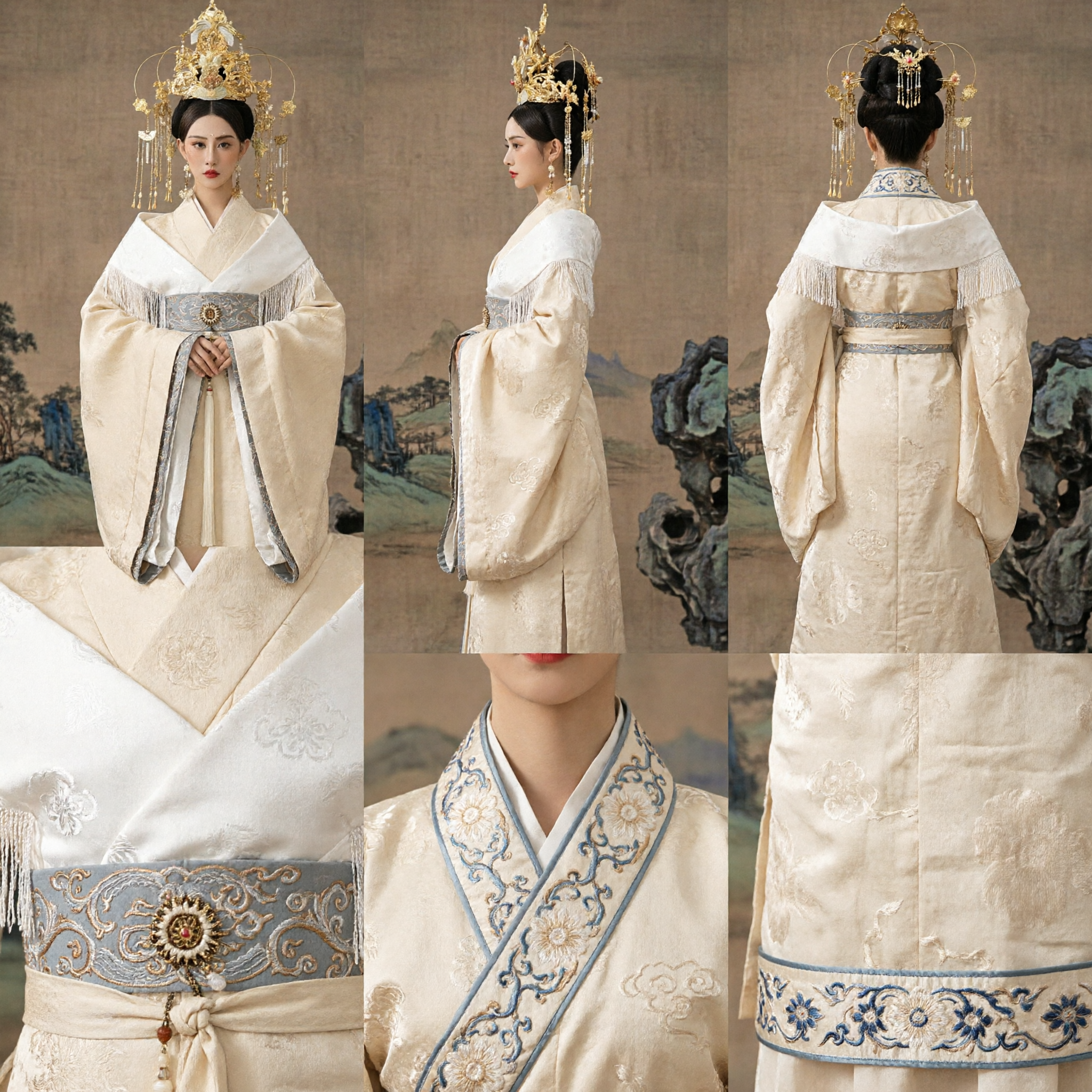 고대 중국 황실 황후 한푸 의상 금색 왕관 머리장식이 있는 전통 흰색 드레스 여성용 - Asian Costume