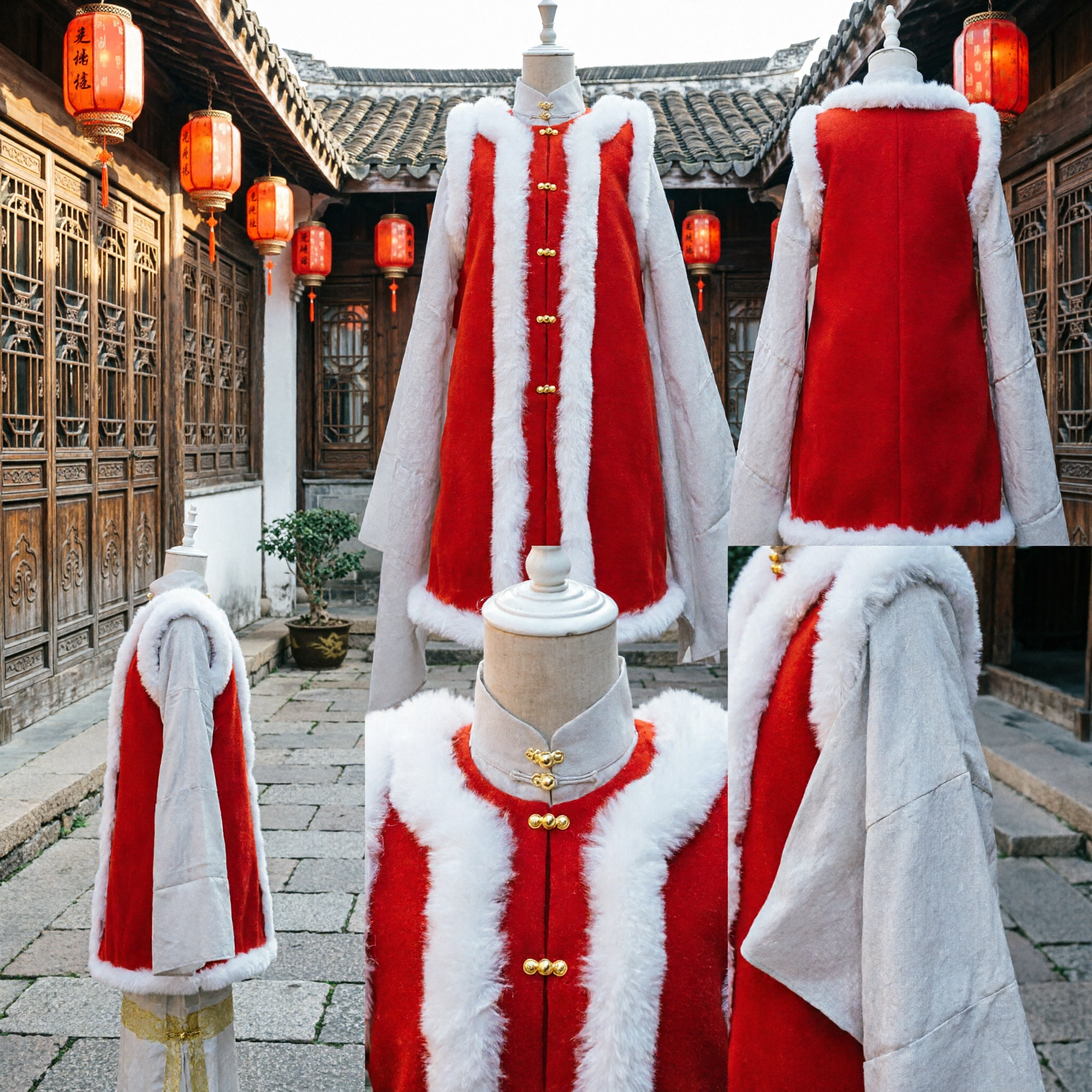 중국 전통 빨간색 털 트림 베스트 한푸 겨울 의상 설날 축하용 - Asian Costume