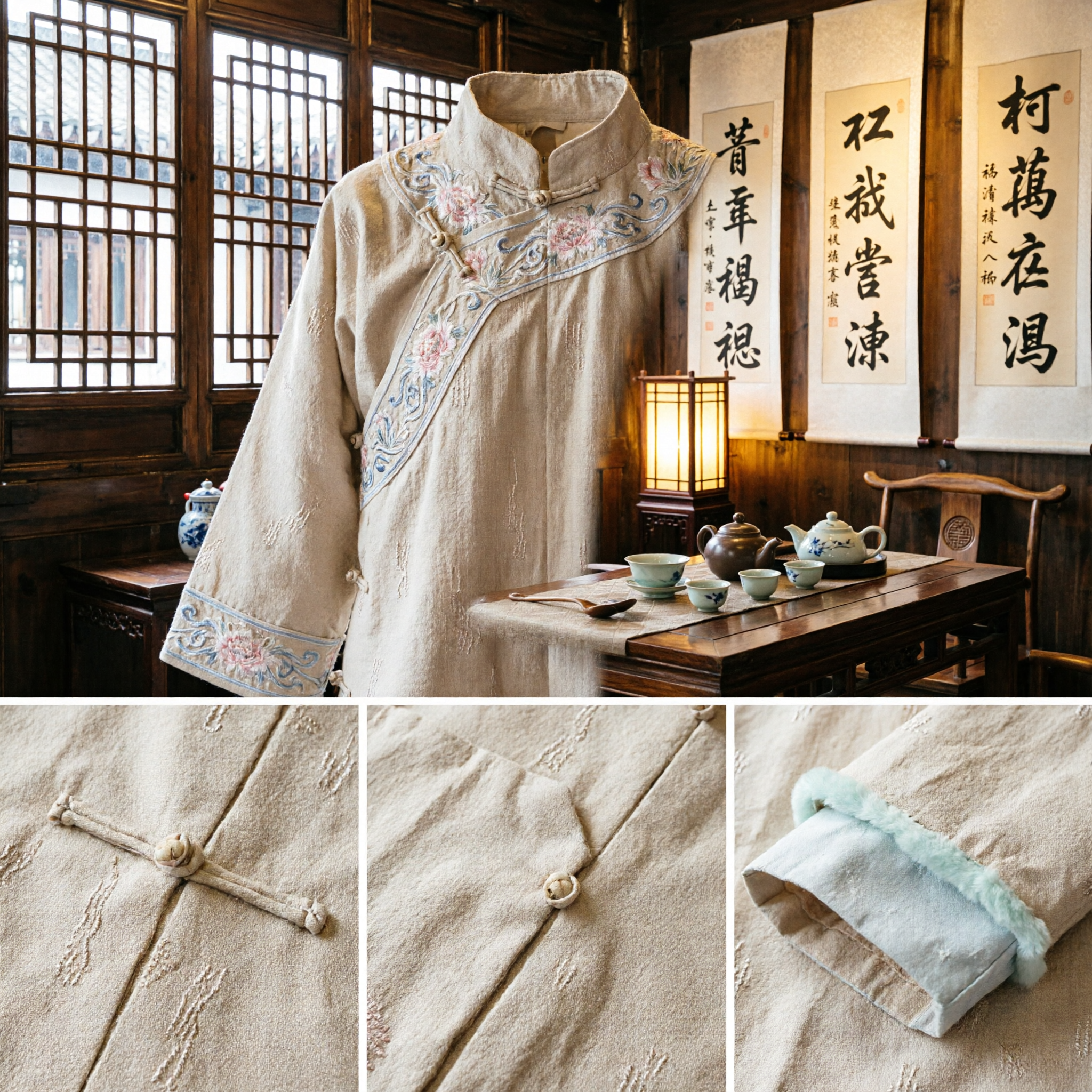 중국 전통 한푸 겨울 솜옷 흰색 털 트림 베이지색 고대 의상 여성용 - Asian Costume