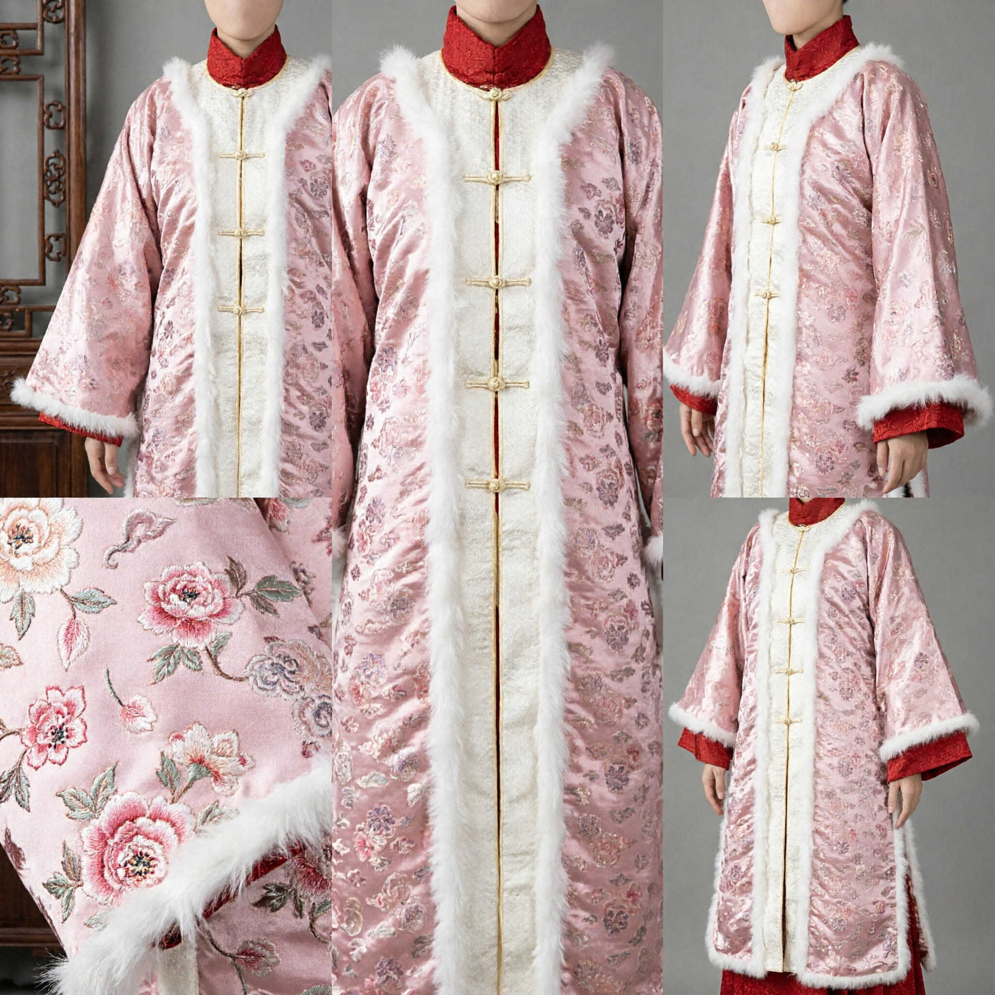 Manteau Hanfu de la dynastie Ming chinoise traditionnelle Pifeng floral rose à bordure en fourrure Robe d'hiver pour femmes - Asian Costume