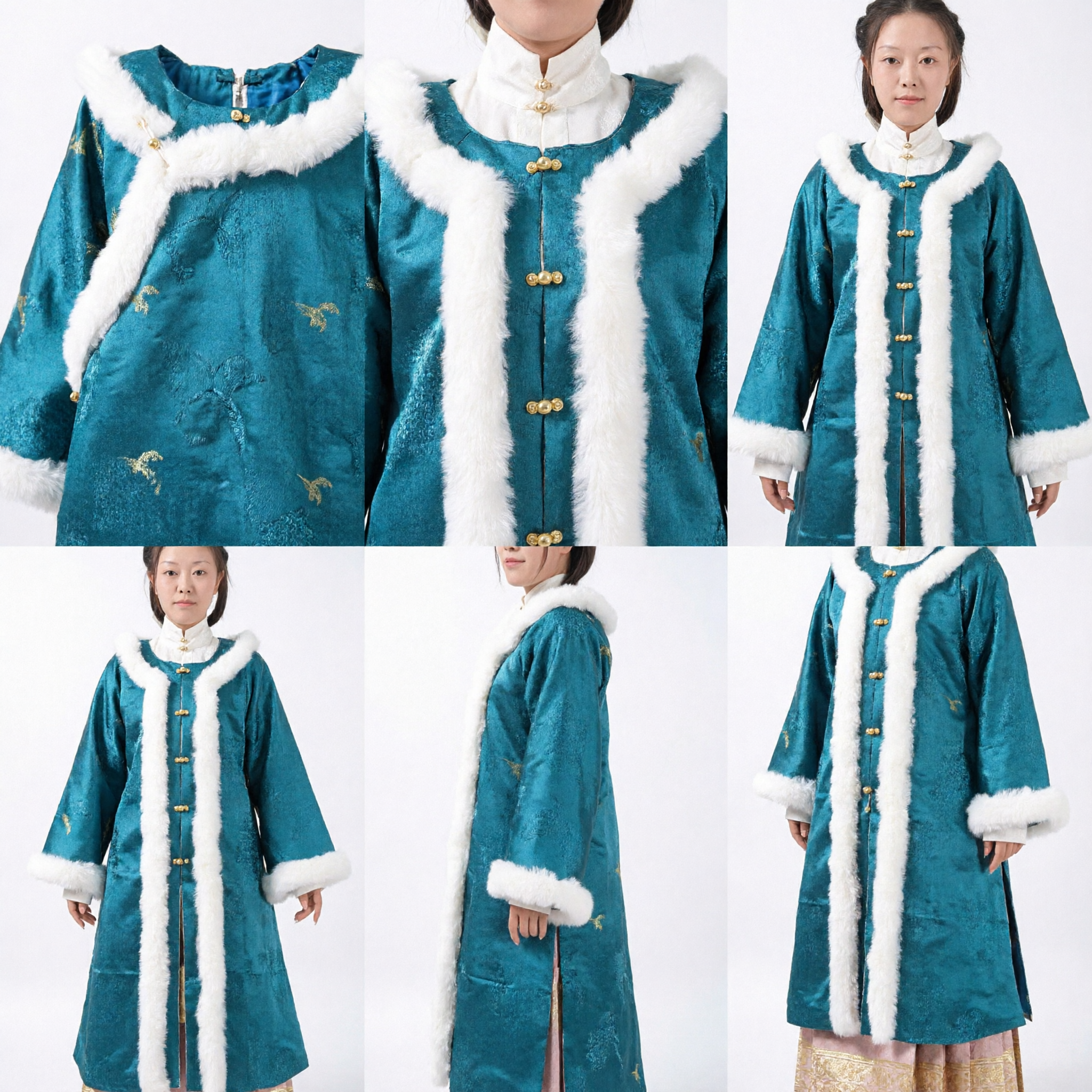 Traditioneller chinesischer Hanfu-Winterumhang, türkisblaue Brokat-Cape mit weißer Pelzverzierung für Frauen-Historienkostüm - Asian Costume