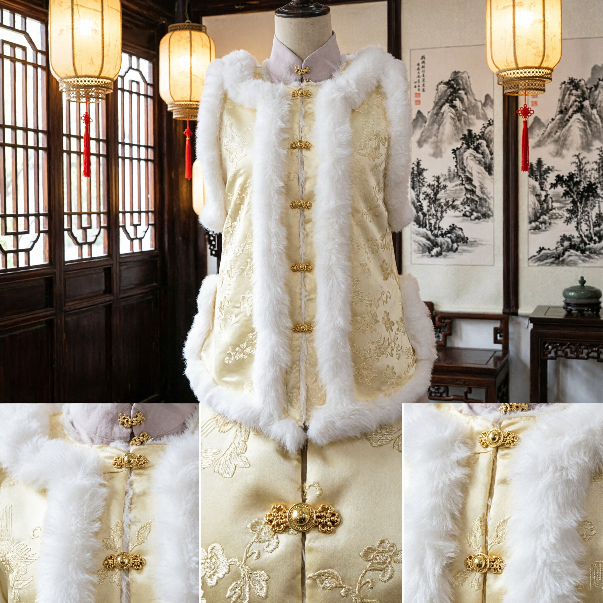 우아한 중국 전통 노란색 털 트림 베스트 여성 겨울 탕수트 조끼 웨딩용 - Asian Costume