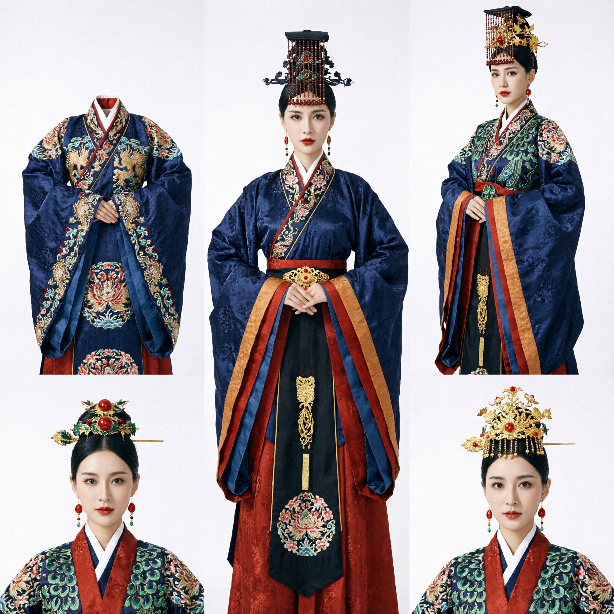 Traje Hanfu de Emperatriz Tradicional Chino Túnica Oscura Antigua con Bordado de Fénix y Tocado para Mujer - Asian Costume