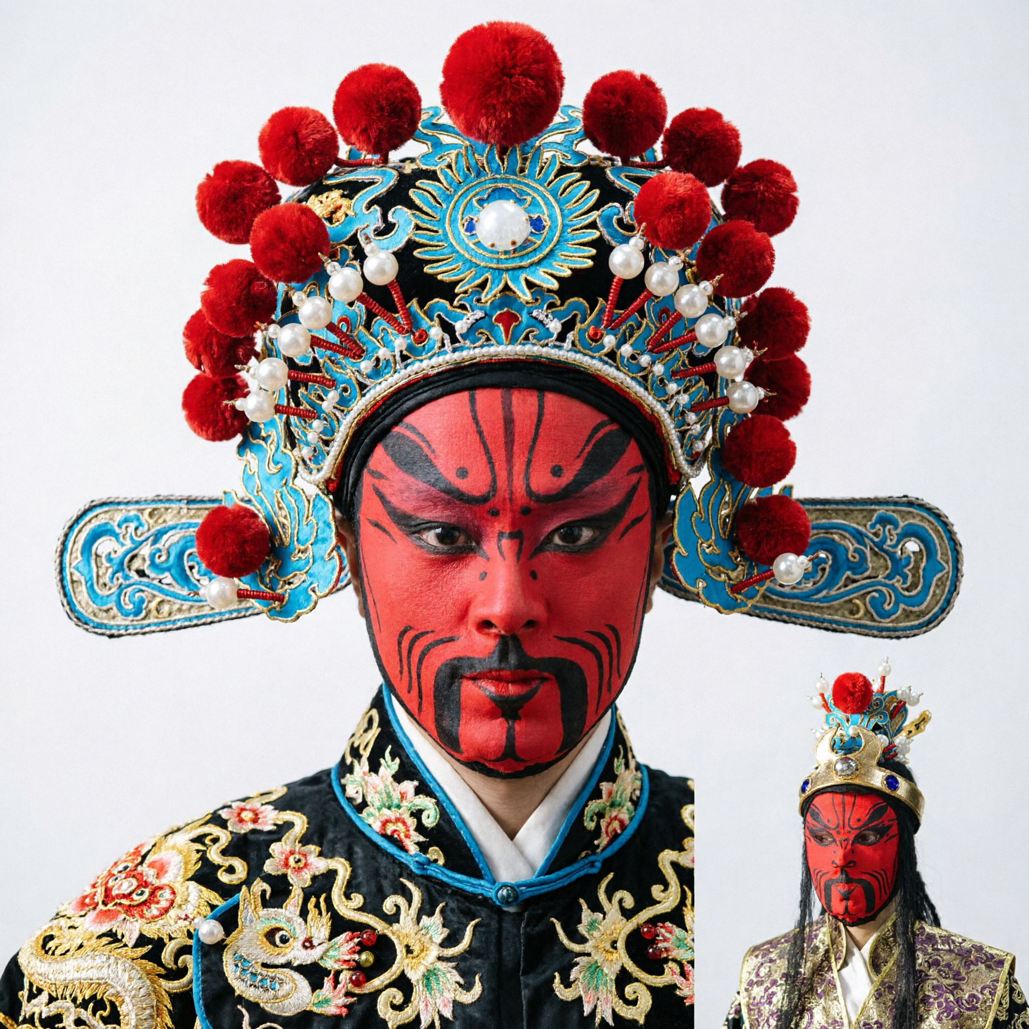 Traditionelle chinesische Peking-Oper Kopfschmuck mit roten Puscheln und Goldstickerei für Bühnenauftritt und Cosplay - Asian Costume