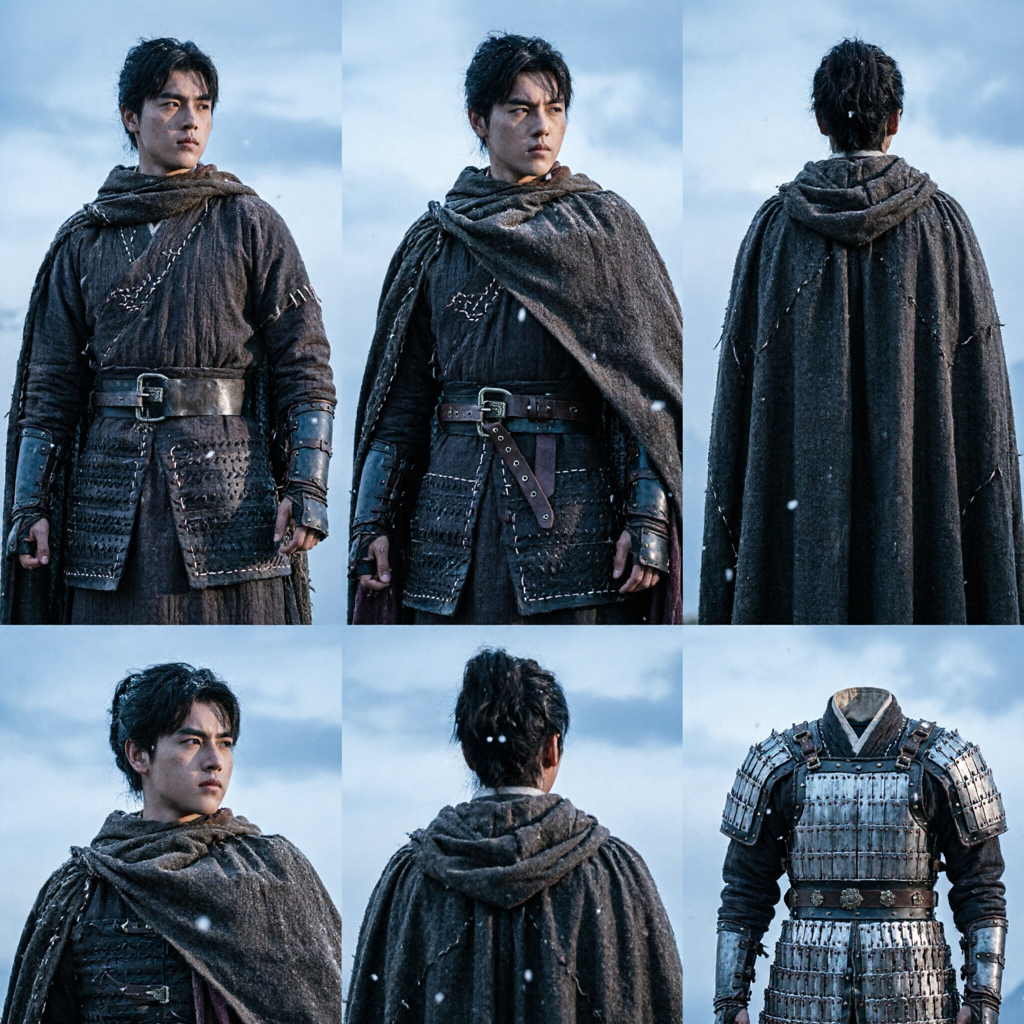 زي جنرال صيني قديم للرجال: زي محارب داكن من ووشيا مع عباءة للدراما التاريخية وتأدية الأزياء التنكرية - Asian Costume