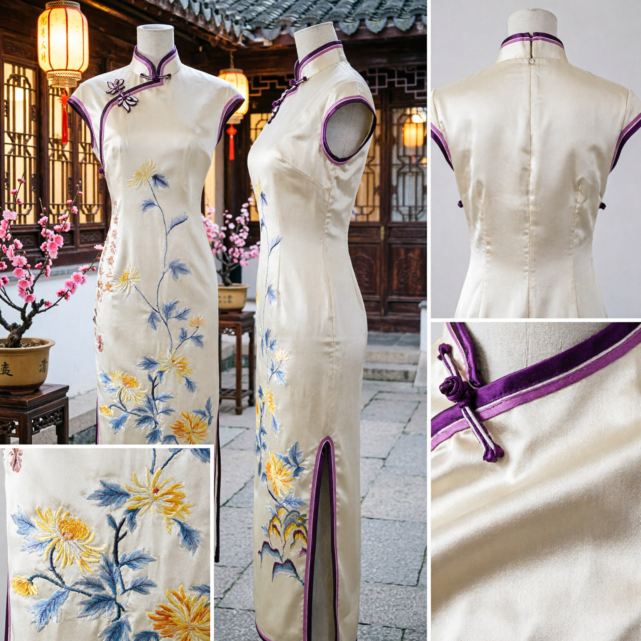 Cheongsam de Seda Creme Elegante com Bordado Floral Vestido Tradicional Chinês Qipao para Mulheres Casamento Festa - Asian Costume