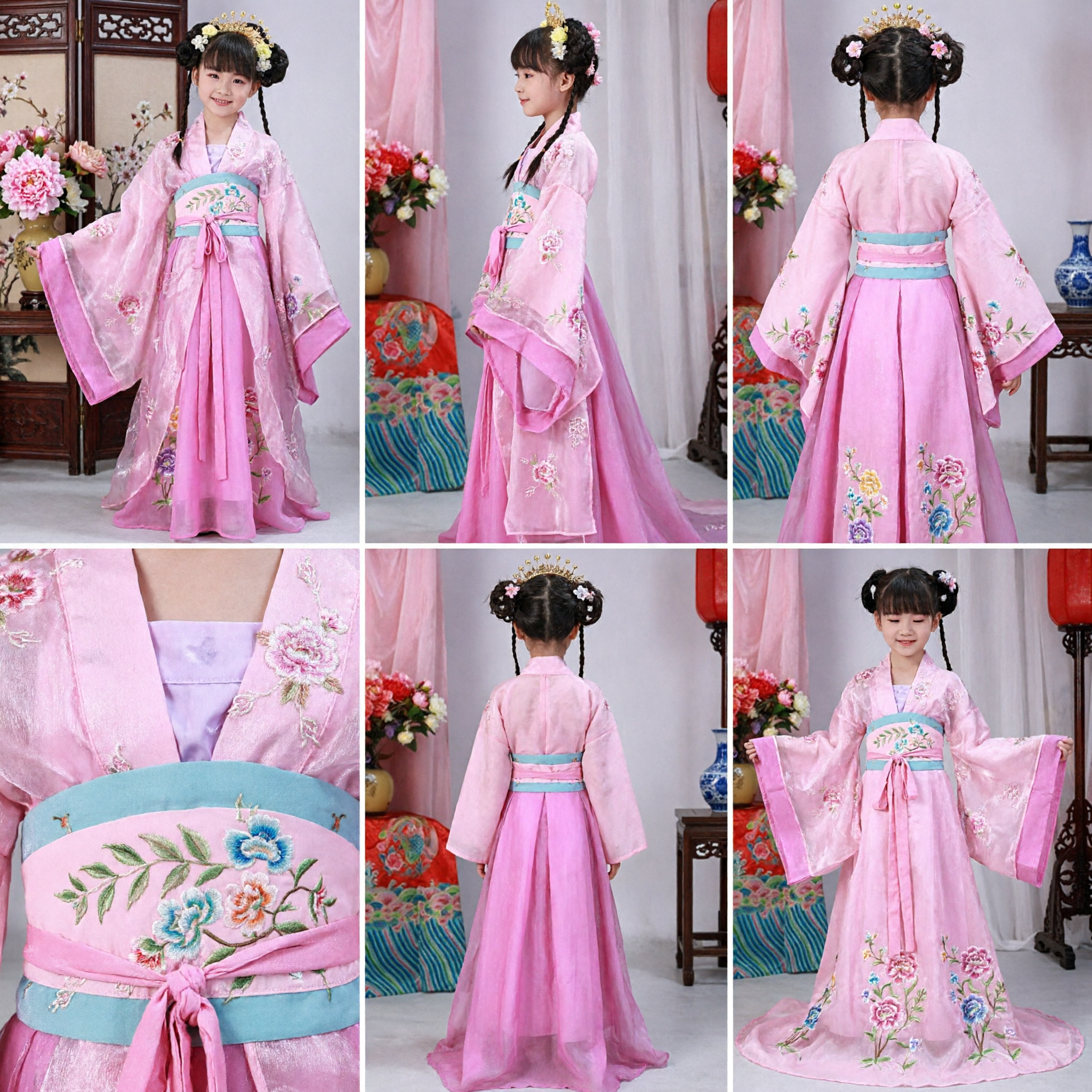고대 중국 당나라 공주 한푸 의상 어린이 소녀용 분홍색 선녀 무용 공연 복장 - Asian Costume