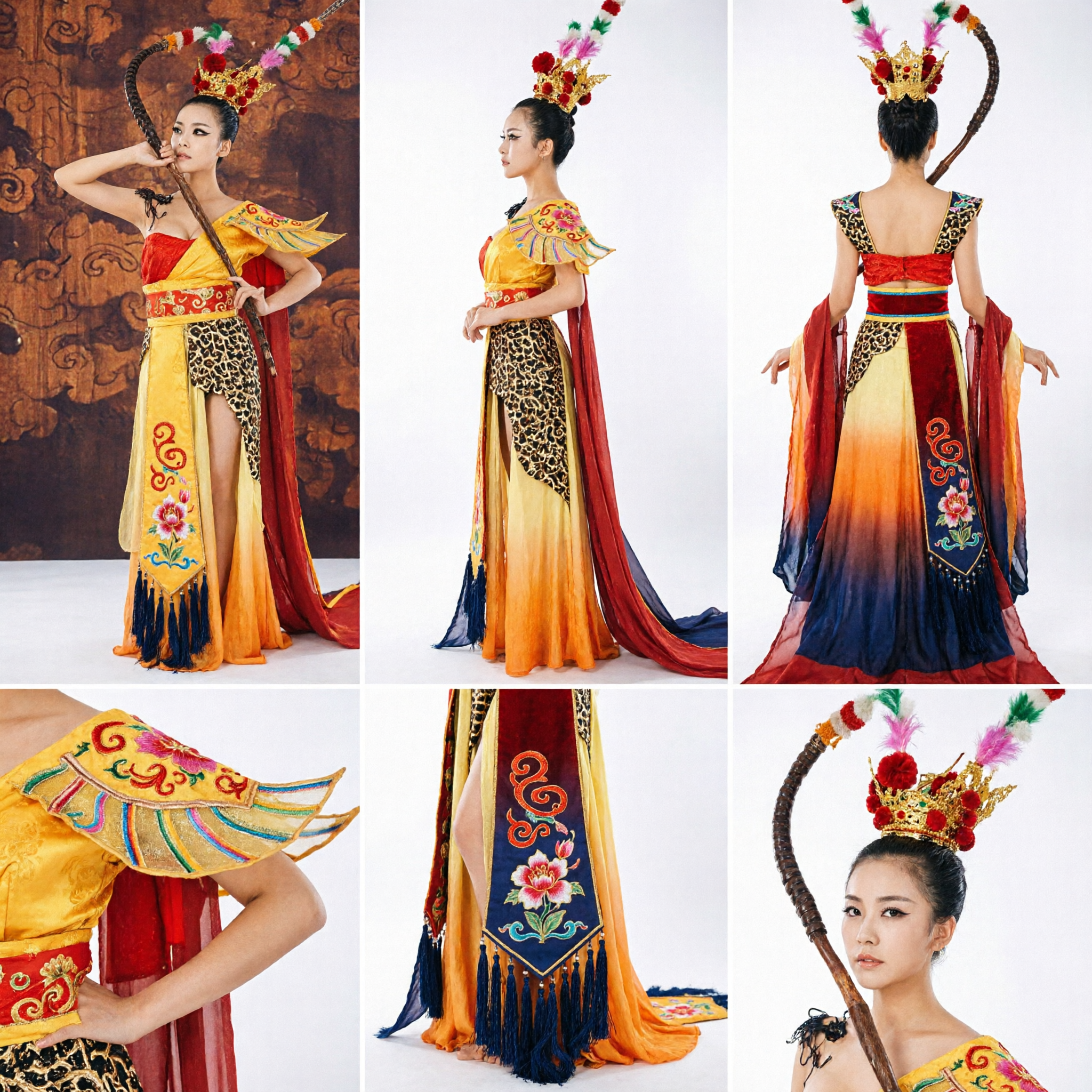 Costume de danse traditionnel chinois des Apsaras volantes de Dunhuang - Hanfu Feitian jaune avec longs rubans pour performance féminine - Asian Costume