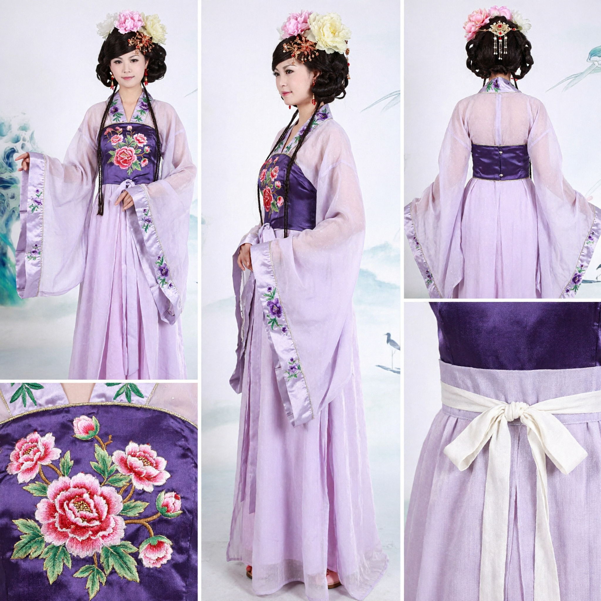 전통 중국 당나라 한푸 자주색 꽃 자수 고대 의상 여성 공연 코스프레용 - Asian Costume