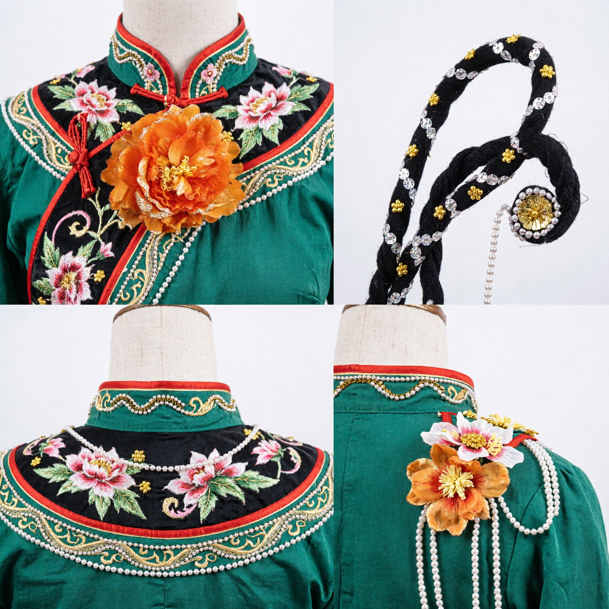 Coiffe d'opéra de Pékin traditionnelle chinoise avec grande fleur de pivoine orange et paillettes - Pour performance du rôle féminin Dan - Asian Costume