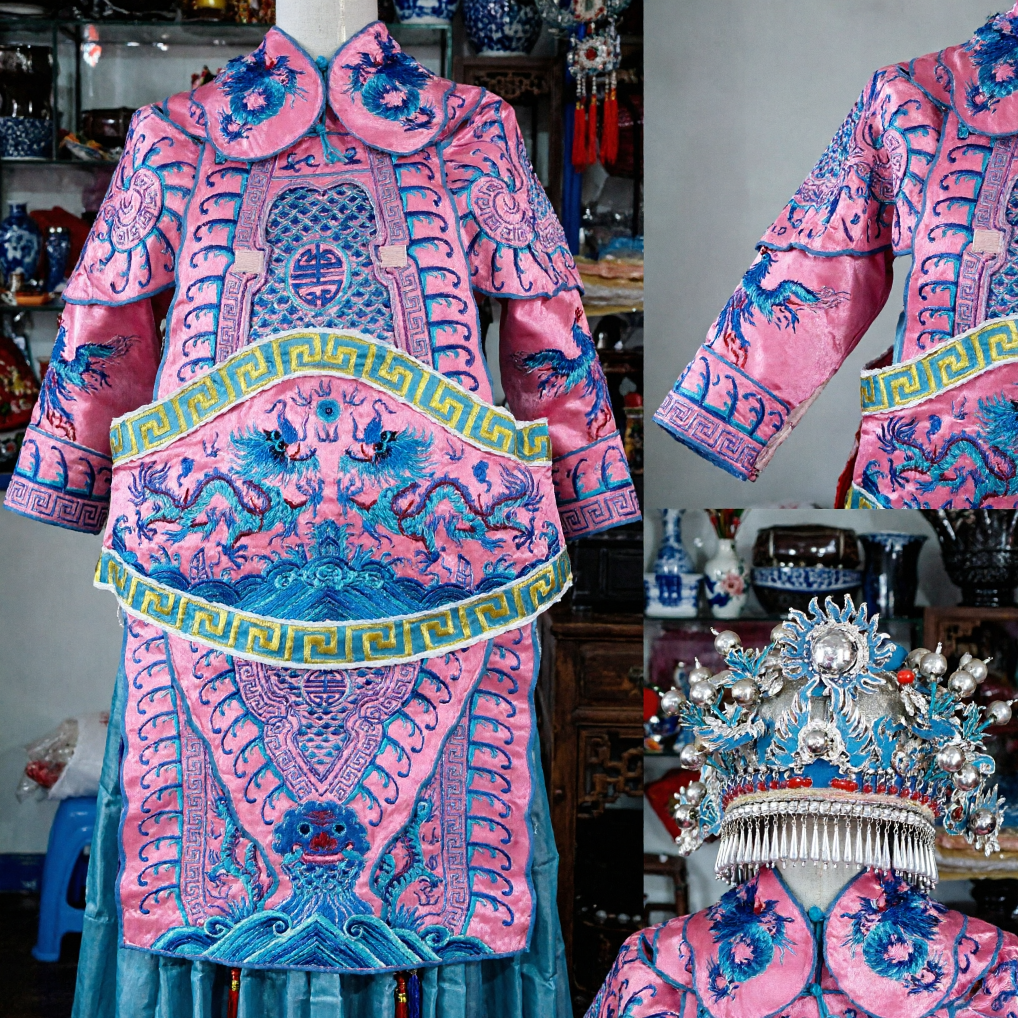 Traditional Peking Opera Costume Pink Embroidered Dragon Robe and Headdress Set for Stage Performance - Asian Costume