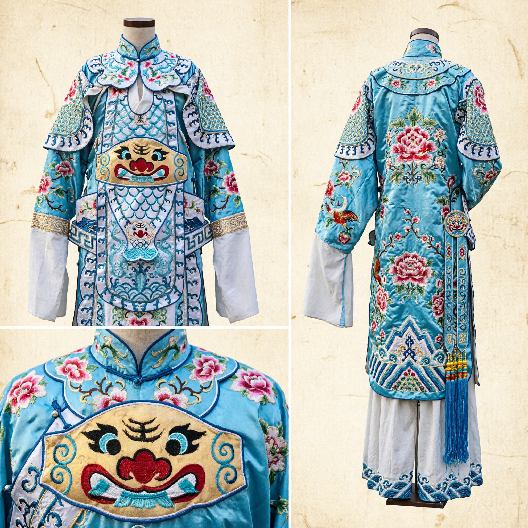 Conjunto de Traje de Armadura de General de Ópera de Pekín Tradicional Blanco y Azul con Bordado de Dragón para Actuaciones Infantiles - Asian Costume