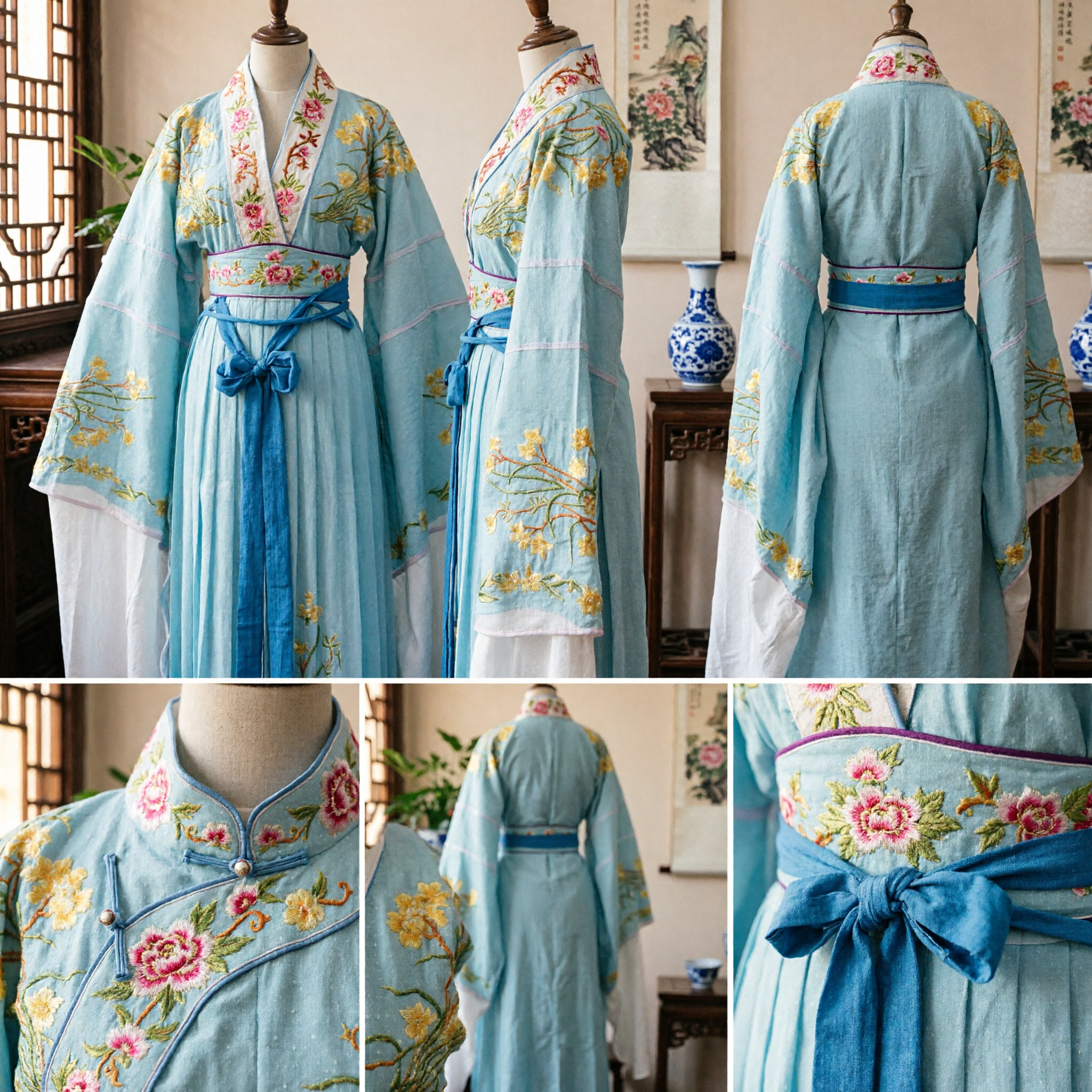 Traje Antigo Hanfu Chinês Tradicional Azul Claro Elegante com Bordado Floral para Mulheres Performance Cosplay - Asian Costume