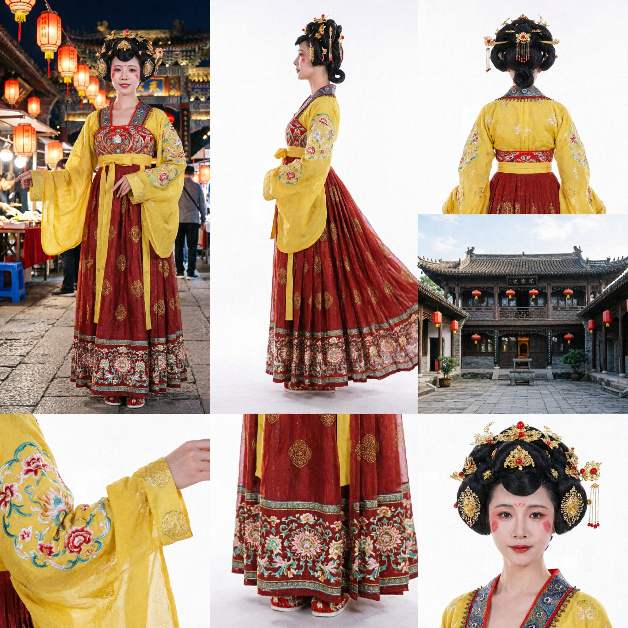 Costume Hanfu de dame du palais de la dynastie Tang traditionnelle chinoise, robe de danse ancienne jaune et rouge pour femmes - Asian Costume