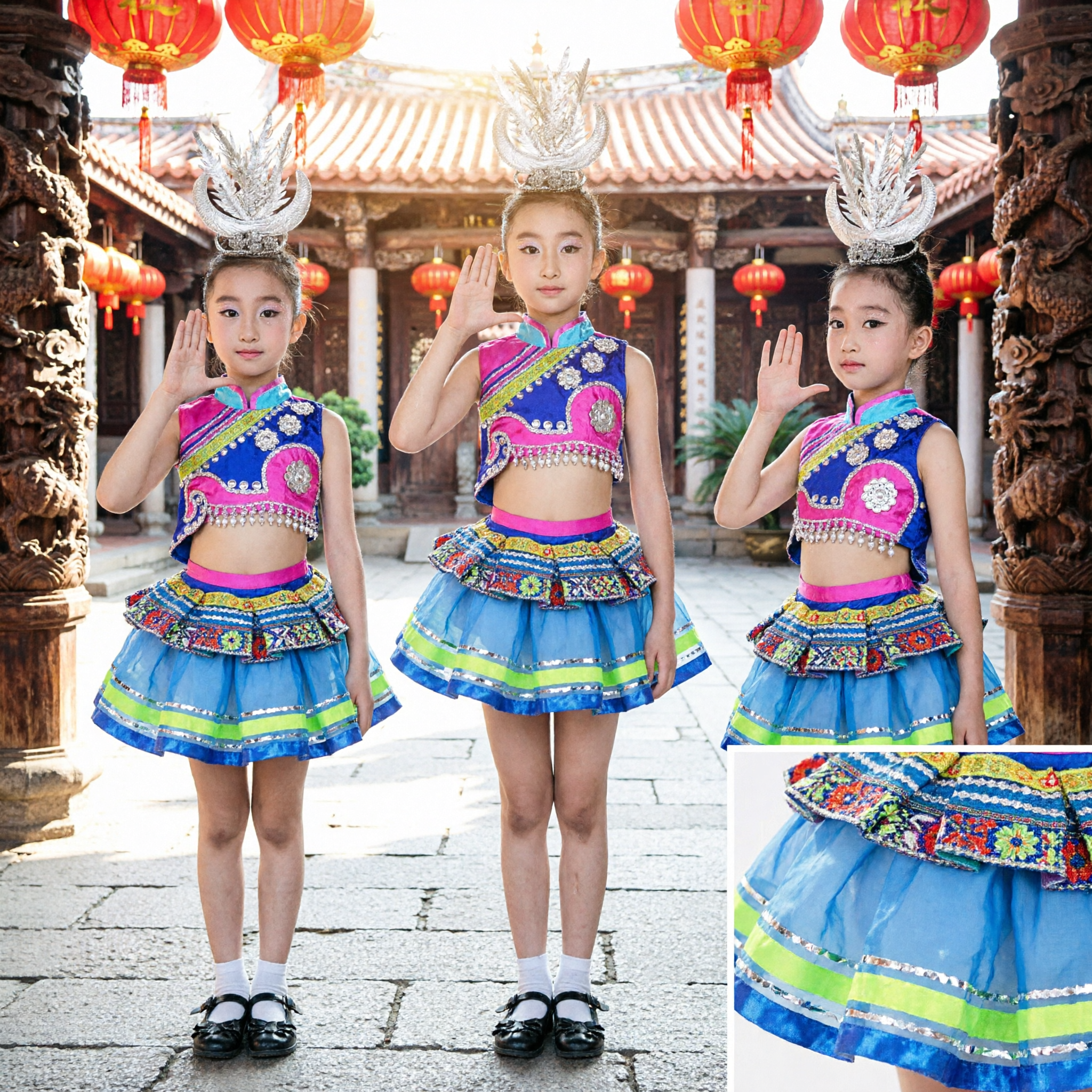 Girls Chinese Ethnic Minority Dance Costume Blue Miao Traditional Dress with Silver Headdress for Folk Performance - Asian Costume