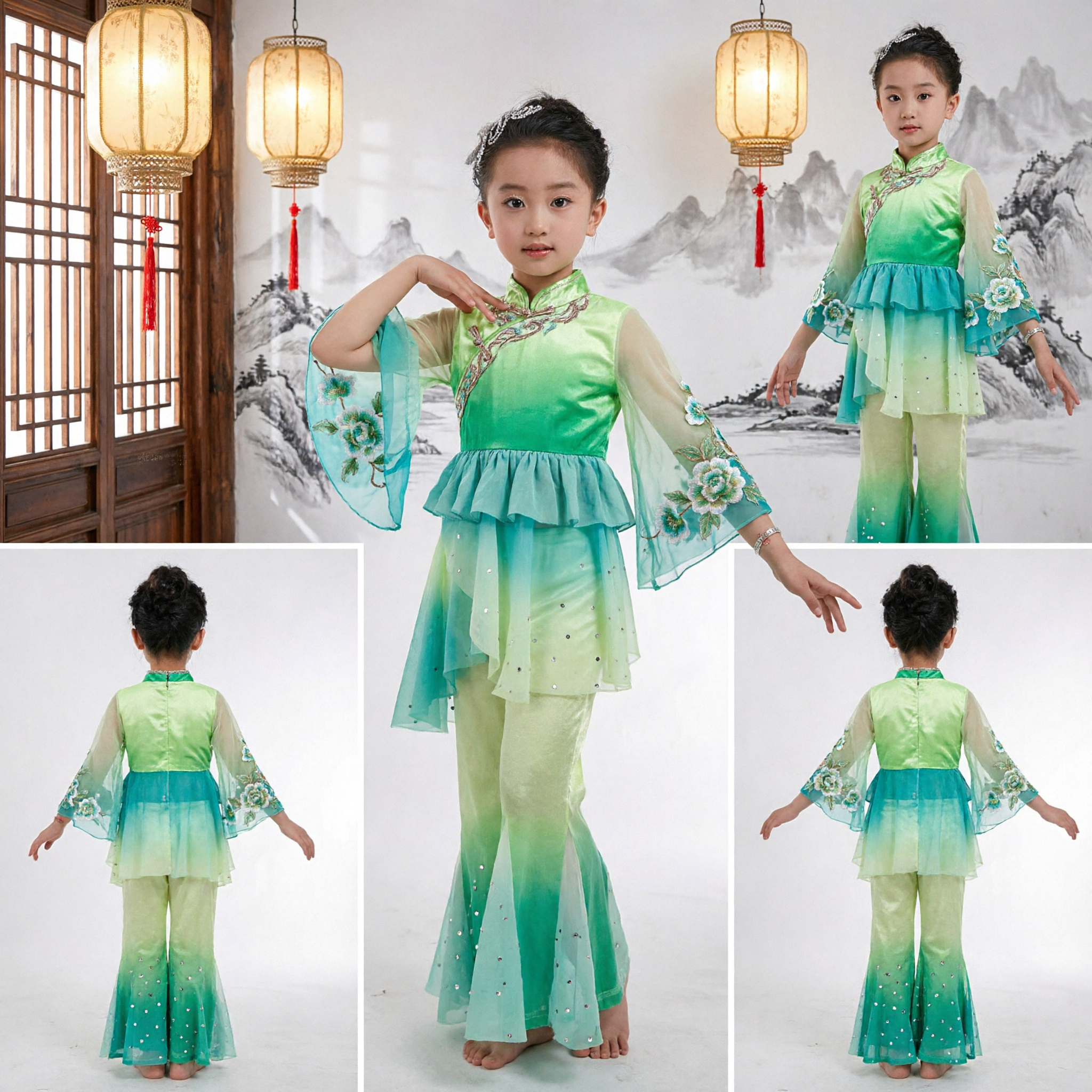 Vestido de Dança Chinesa para Meninas com Degradê Verde, Traje de Performance para Palco, Vestido de Dança Folclórica com Mangas Fluídas - Asian Costume