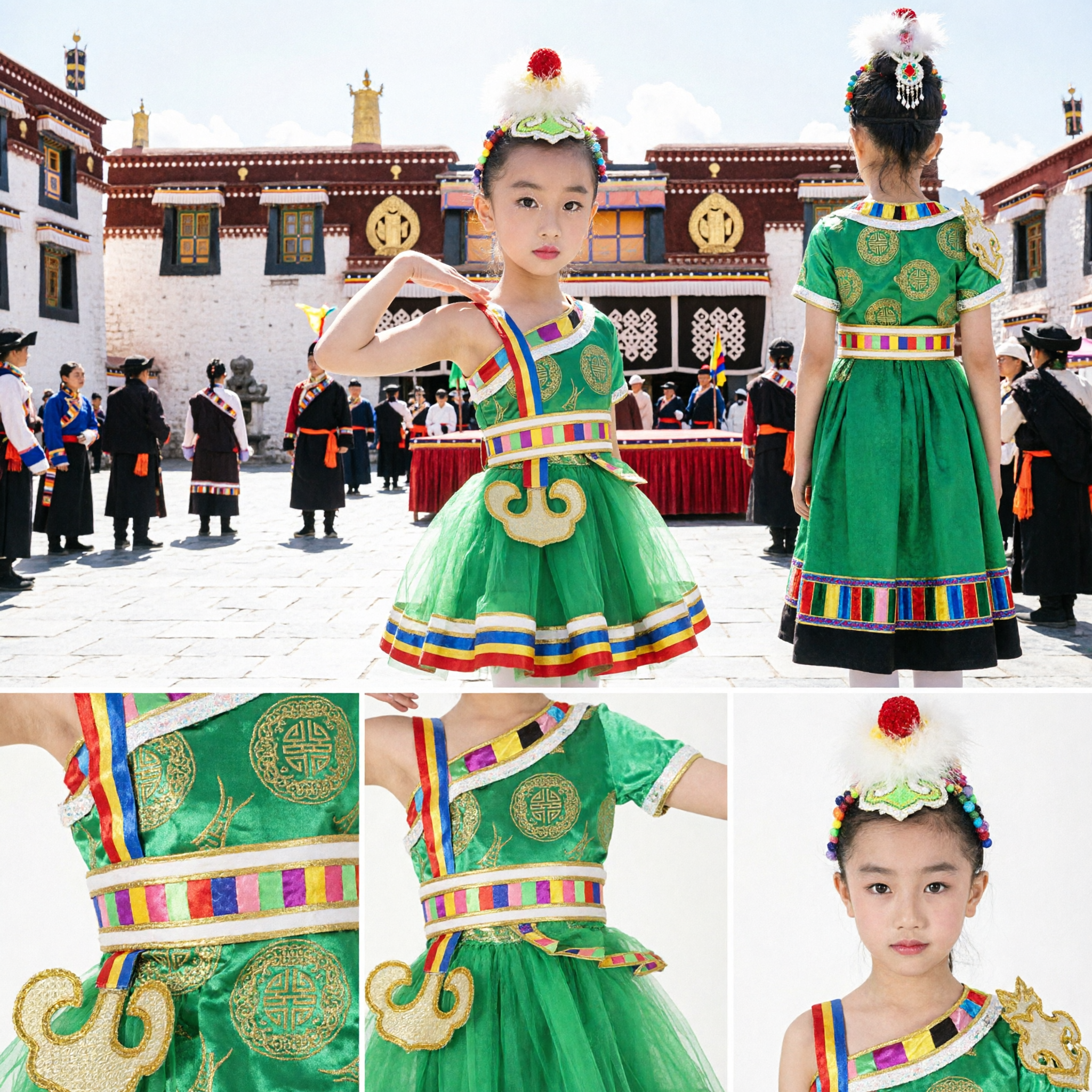 Grünes Chinesisches Volkstanzkostüm für Mädchen Traditionelles Ethnische Bühnenaufführungskleid mit Federhut - Asian Costume