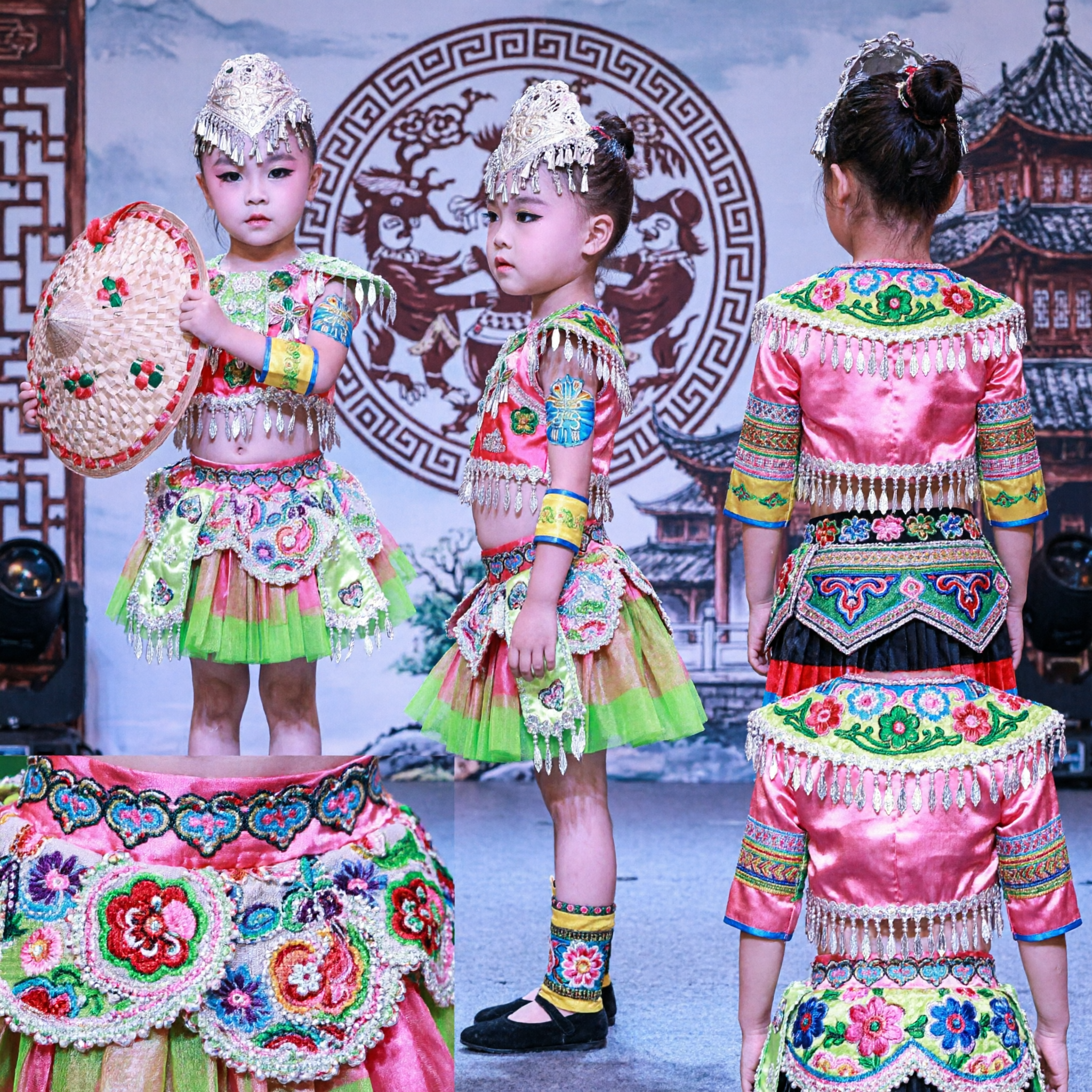 Traje de Danza Folclórica de Minoría Étnica China para Niñas, Conjunto Tradicional para Presentaciones Escénicas con Sombrero de Paja - Asian Costume