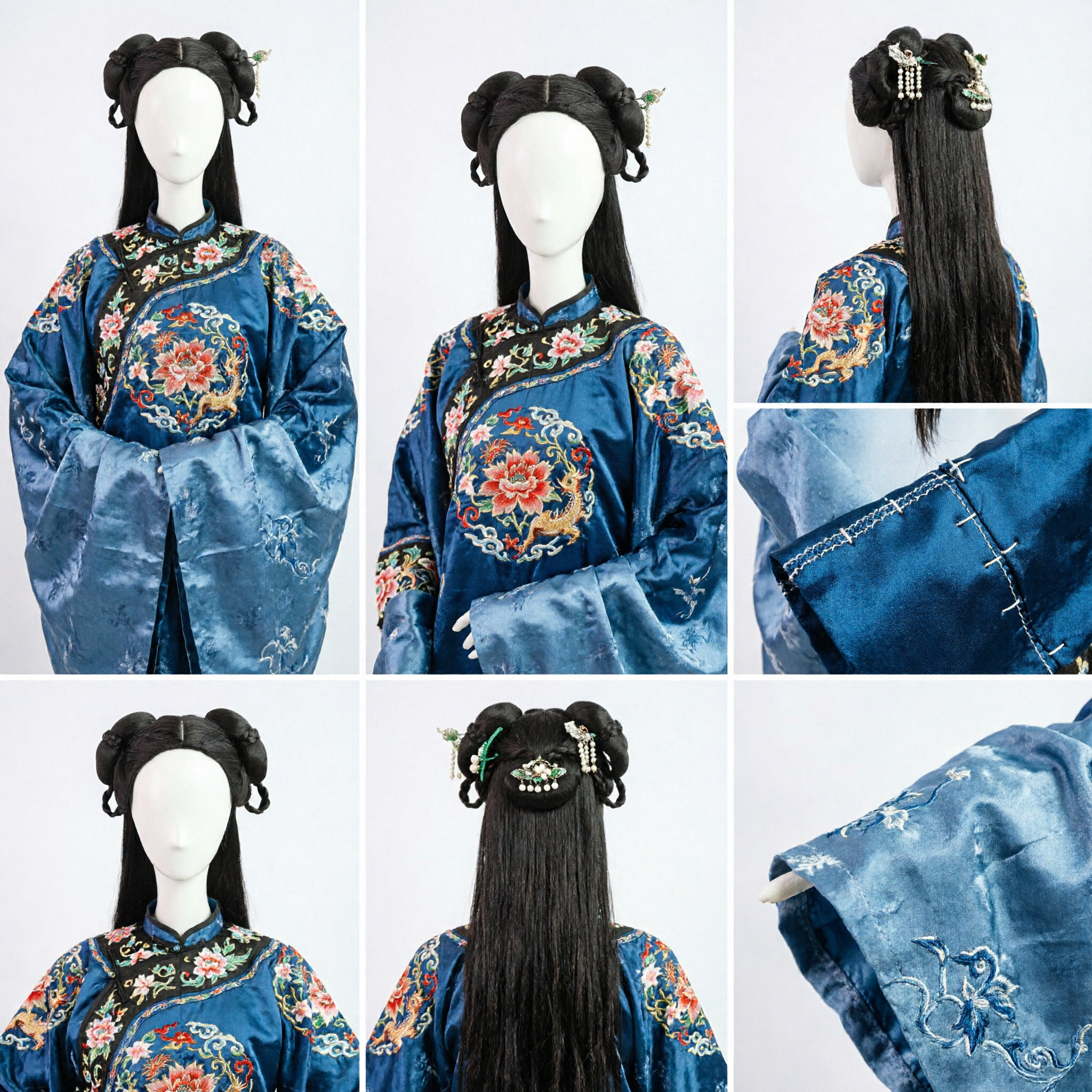 Peruka starożytnej chińskiej księżniczki, czarne podwójne koki z warkoczami, akcesorium do cosplayu Hanfu dla kobiet - Asian Costume