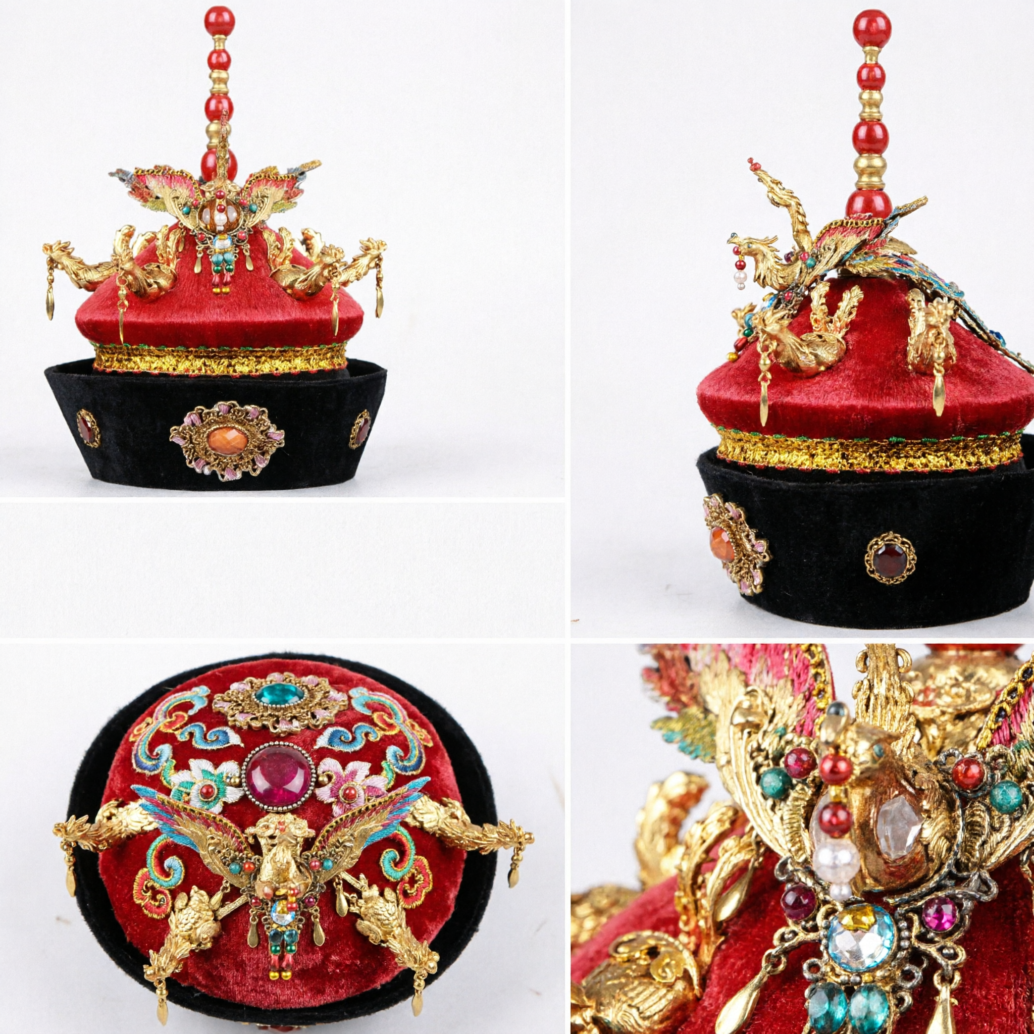 Chapeau d'empereur de la dynastie Qing chinoise traditionnelle en velours rouge avec dragon doré - Coiffe pour costume d'opéra de Pékin pour hommes - Asian Costume