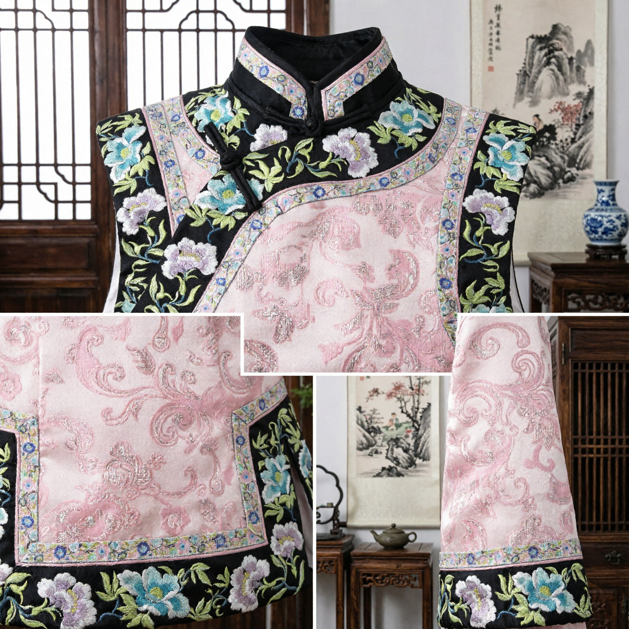 Древний китайский вышитый цветочный жилет маньчжурской знатной женщины эпохи Цин, черно-розовый традиционный костюм для женщин - Asian Costume