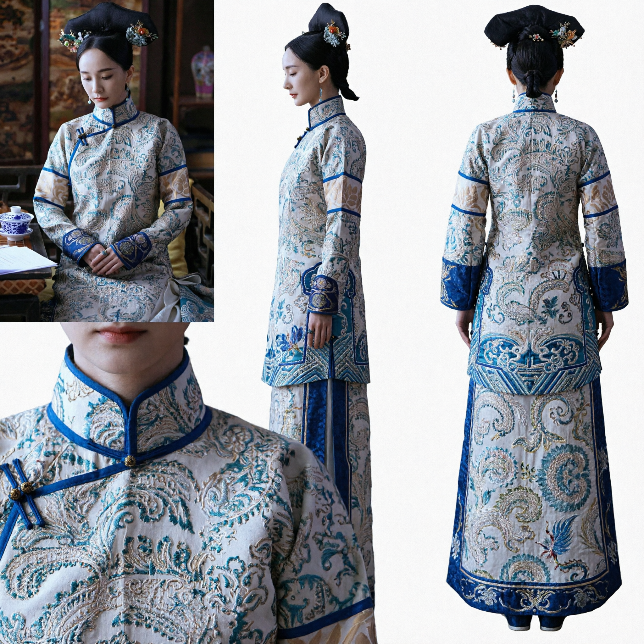 Oude Chinese Qing-dynastie Paleisdame Kostuum Blauw Geborduurd Gewaad Traditionele Kleding voor Vrouwen - Asian Costume