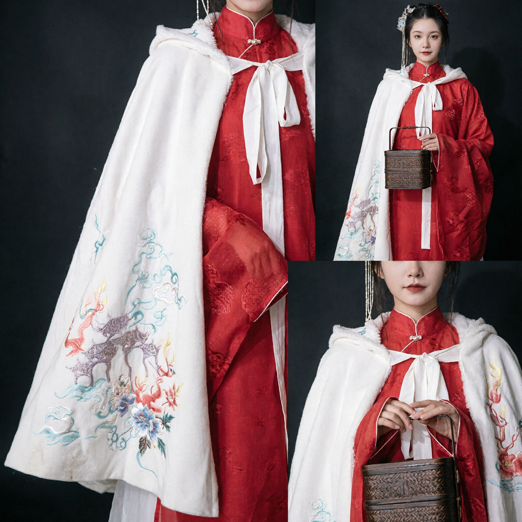 Traditioneel Chinese Hanfu Kostuum voor Vrouwen Rode Jurk met Wit Geborduurde Mantel Oude Kledingset - Asian Costume