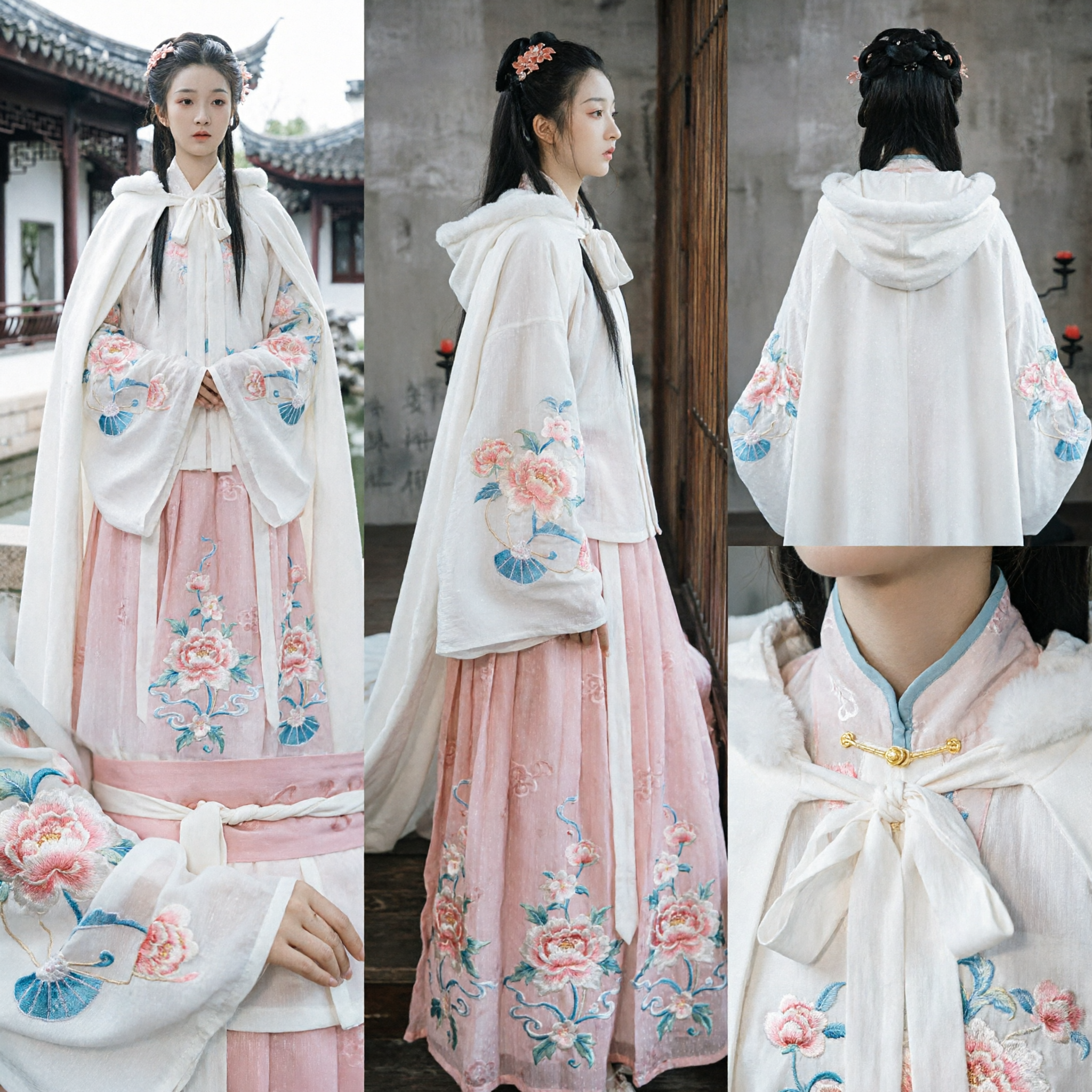 Mantello Invernale Hanfu Bianco Elegante con Cappuccio di Pelliccia e Maniche Ricamate Costume Antico Tradizionale Cinese per Donne - Asian Costume