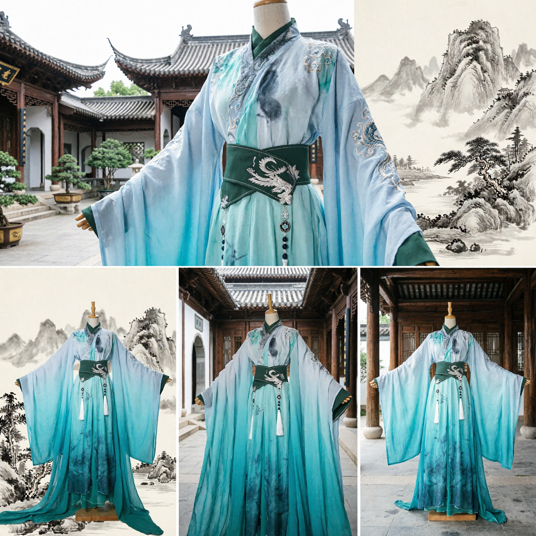Traditioneel Chinees Hanfu Oud Kostuum Mannen Wuxia Zwaardvechter Gewaad Groen Verloop Lange Mouw Cosplay Outfit - Asian Costume