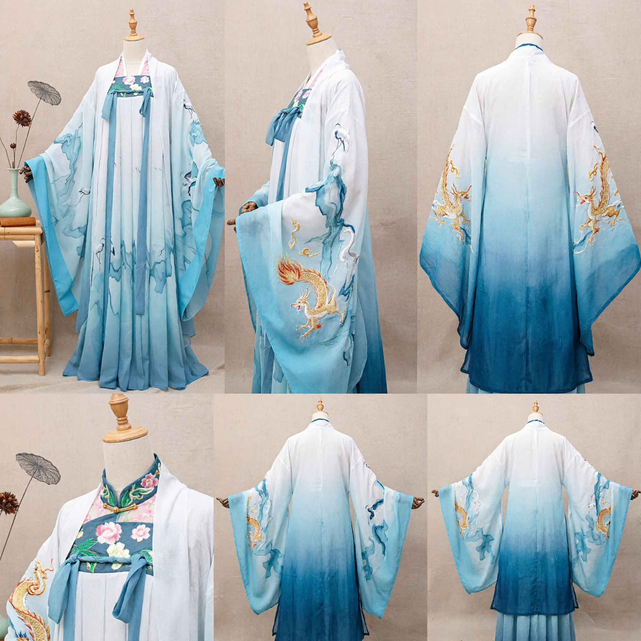 Kobieca elegancka niebieska gradientowa suknia Hanfu, tradycyjny starożytny chiński strój, drukowany motywem żurawia w stylu malarstwa tuszem, strój wróżki - Asian Costume