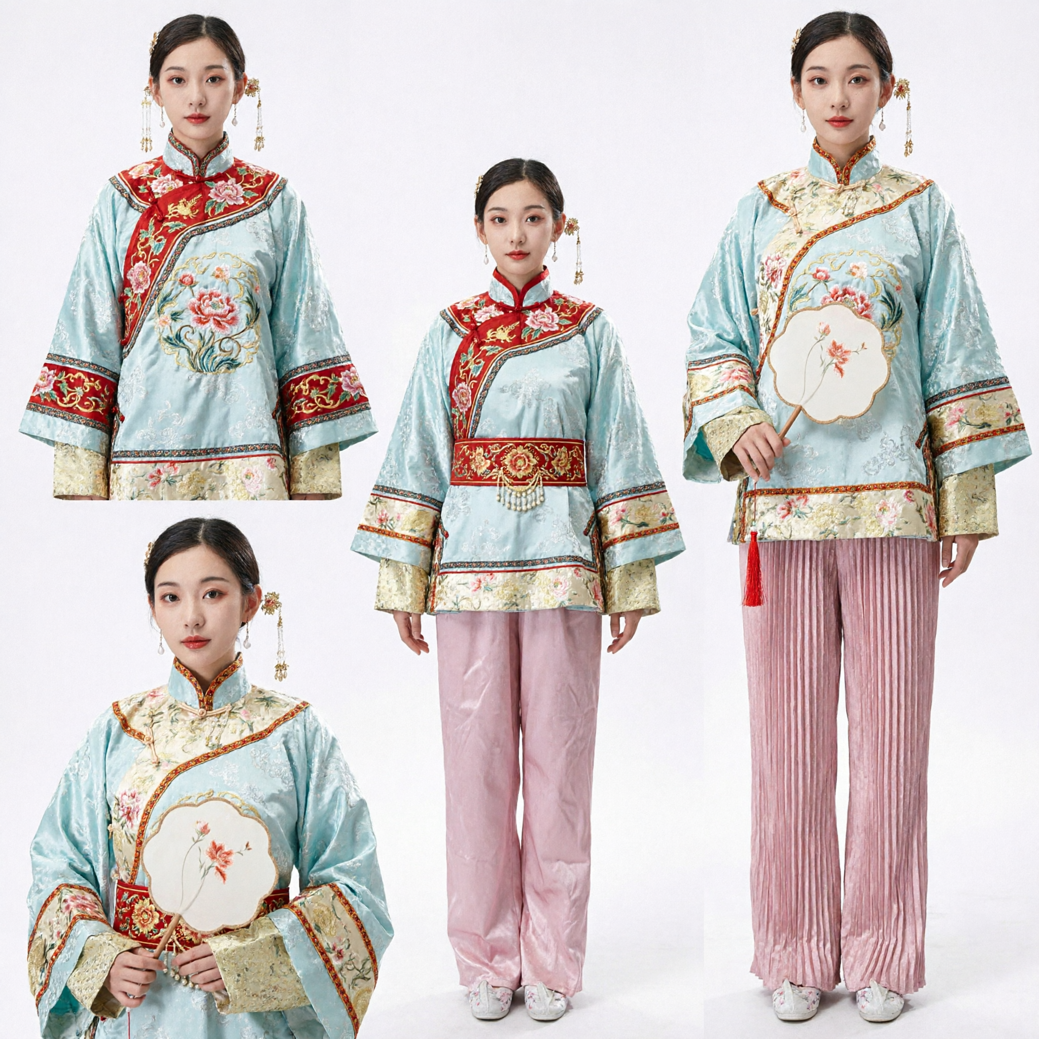 Traditionelles chinesisches Qing-Dynastie-Damenkostüm, blau bestickte Jacke und rosa Hosen-Set für Bühnenauftritte von Frauen - Asian Costume