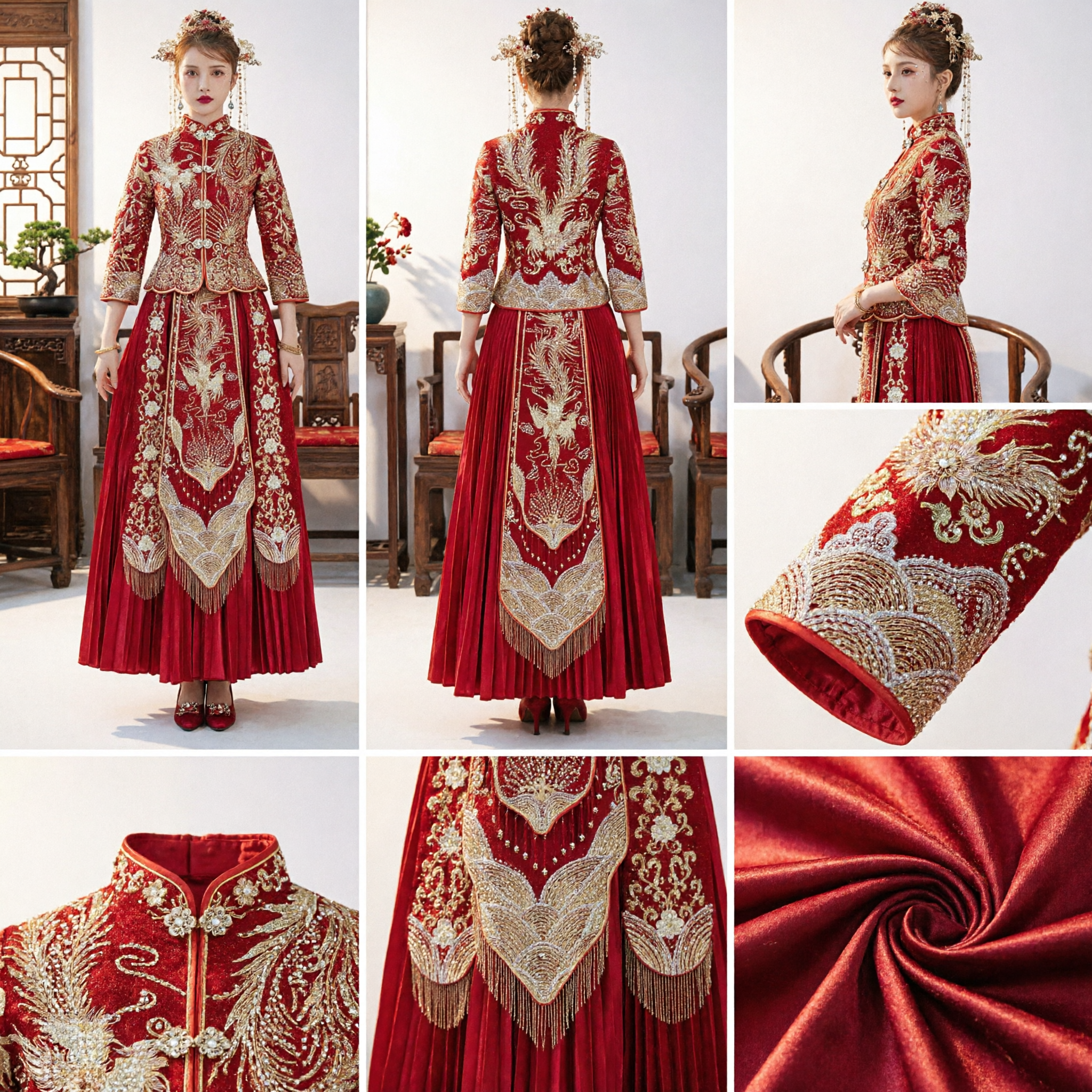Vestido de Novia Chino Tradicional Rojo, Traje Xiuhefu de Novia con Bordado Dorado de Dragón y Fénix para Ceremonia del Té - Asian Costume