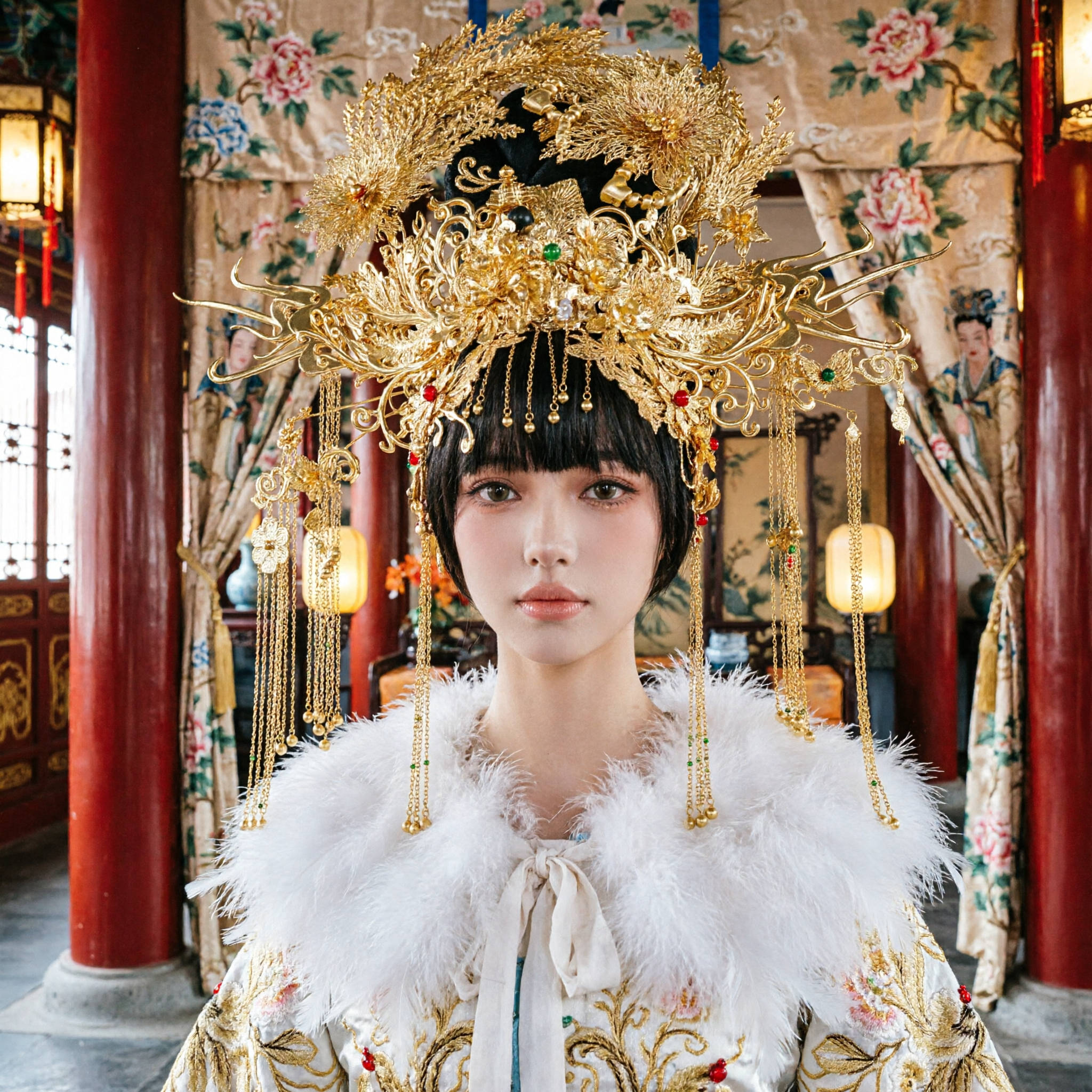 Accesorios para el Cabello de Estilo Antiguo Chino Tradicional, Corona Fénix Dorada, Tocado Nupcial Hanfu para Mujeres - Asian Costume