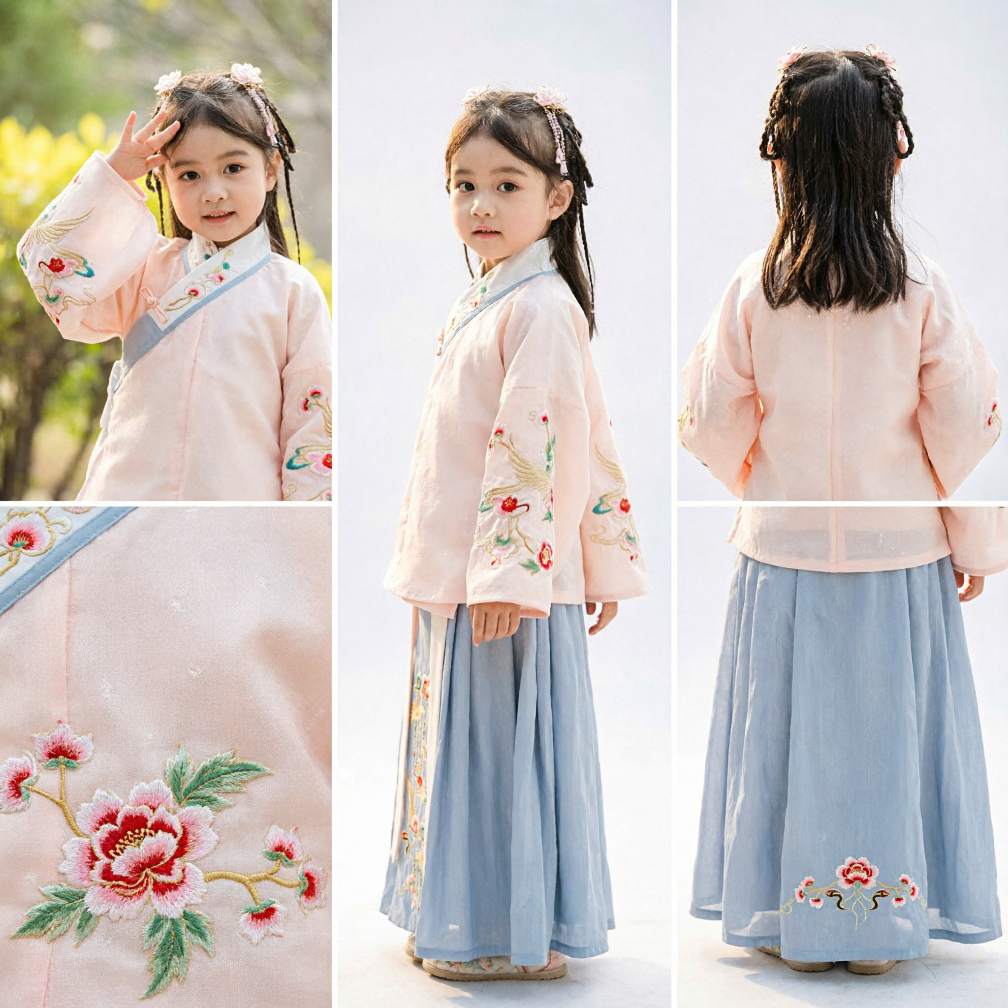 Hanfu tradizionale cinese per bambine, costume dinastia Ming con ricamo gru, top rosa e gonna blu - Asian Costume