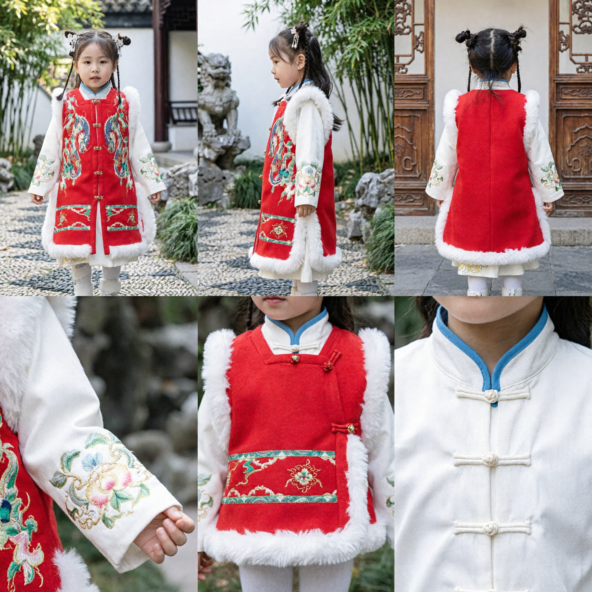 Kids Traditional Chinese Tang Suit Red Dragon Embroidery Winter Fur Trim Hanfu for Girls New Year Festival - Asian Costume