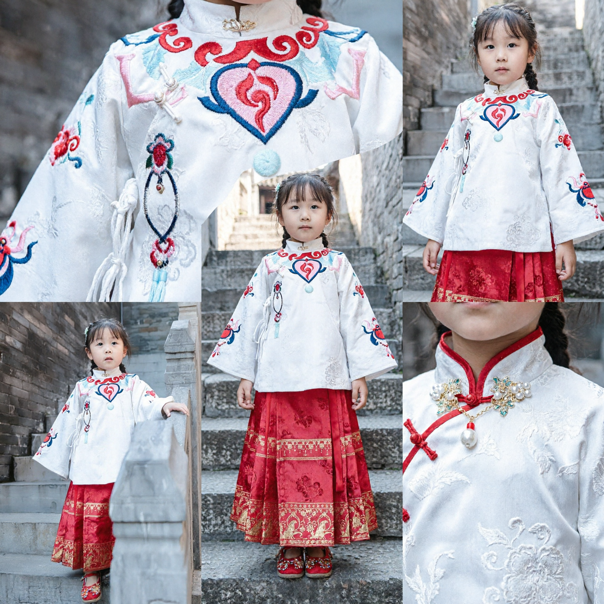 Kinder Traditionelles Chinesisches Kostüm Mädchen Weißes Besticktes Tang-Anzug Oberteil Roter Rock Hanfu-Set für Festivalauftritte - Asian Costume