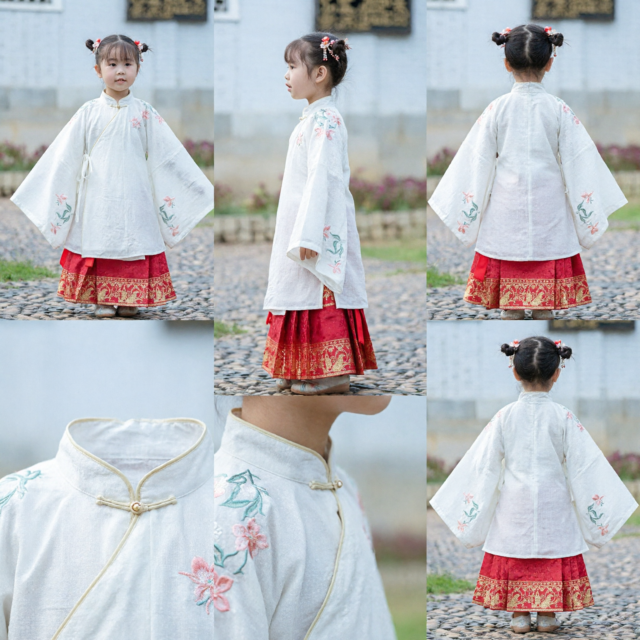 아동 전통 중국 한푸 복장 고대 자수 흰 상의와 빨간 치마 세트 여아 축제 의상 - Asian Costume