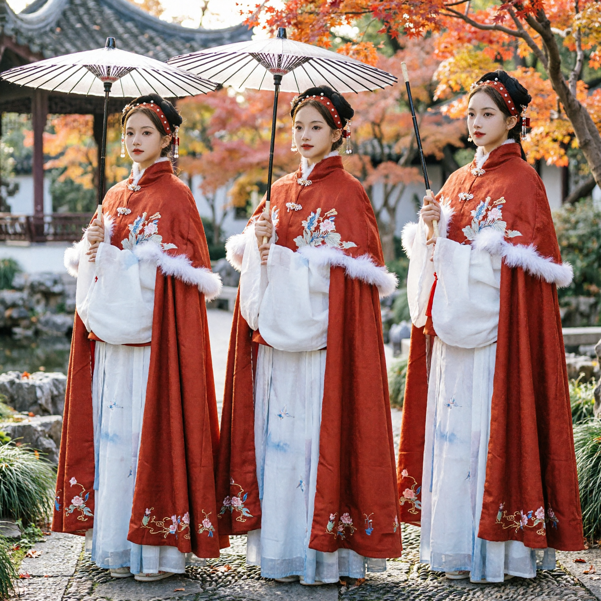 Hanfu Tradicional Chinês, Capa Vermelha com Borda de Pele Branca, Bordado Antigo, Traje de Inverno para Mulheres - Asian Costume