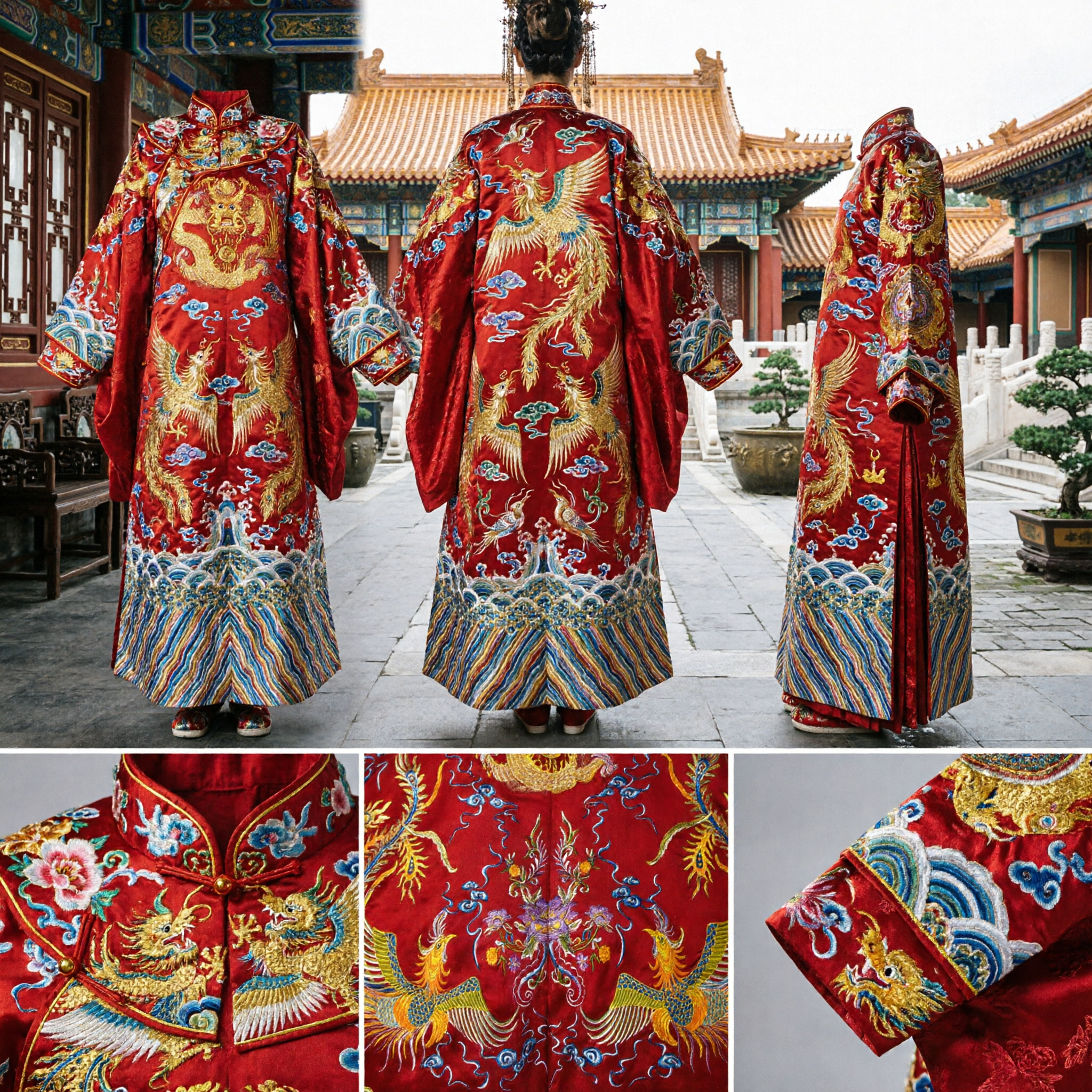 Capa de Boda Tradicional China para Novia Bordado Largo de Dragón y Fénix Accesorio para Traje Xiuhe - Asian Costume