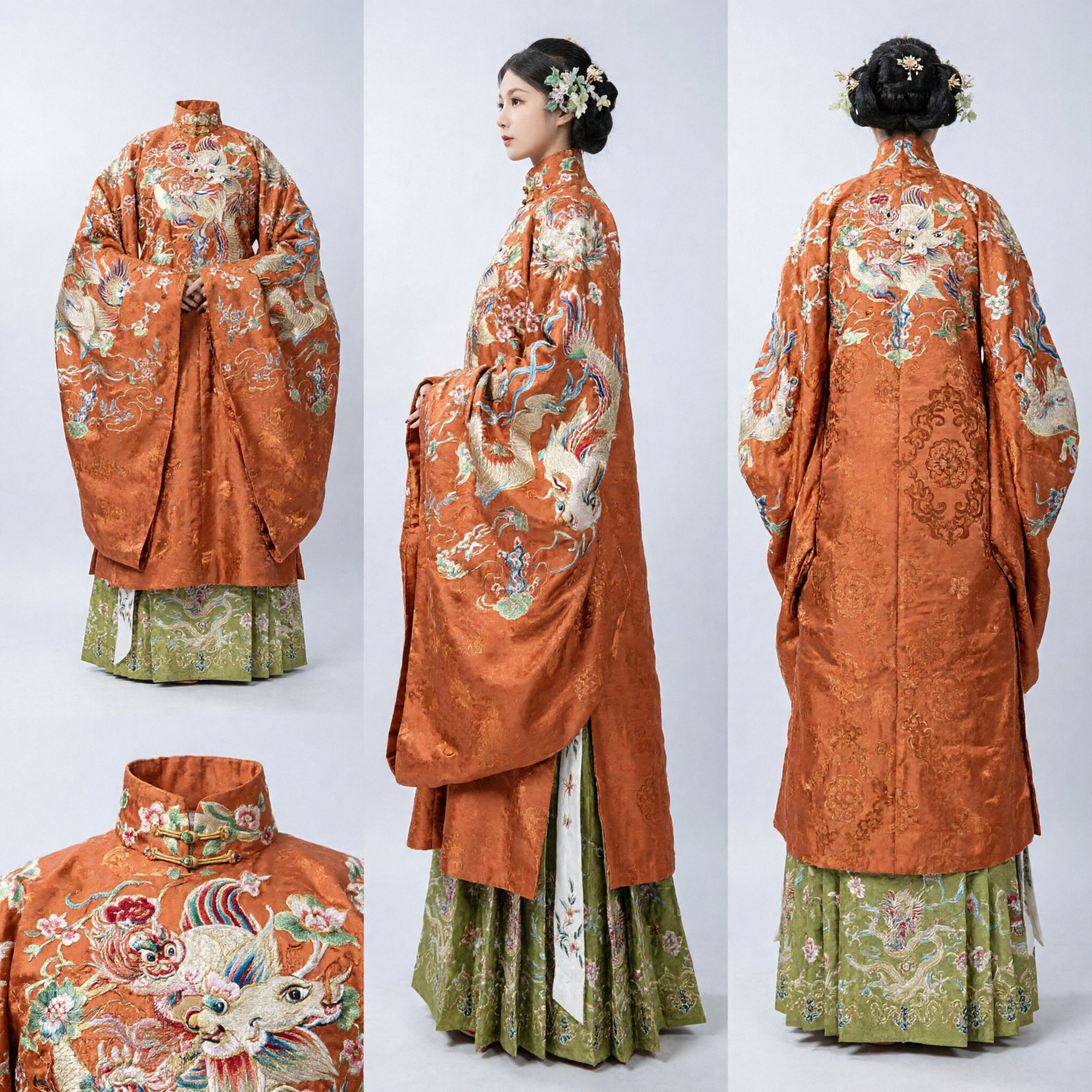 伝統的中国 明代龍刺繍漢服婚礼ドレス オレンジ色ローブ 女性向け - Asian Costume