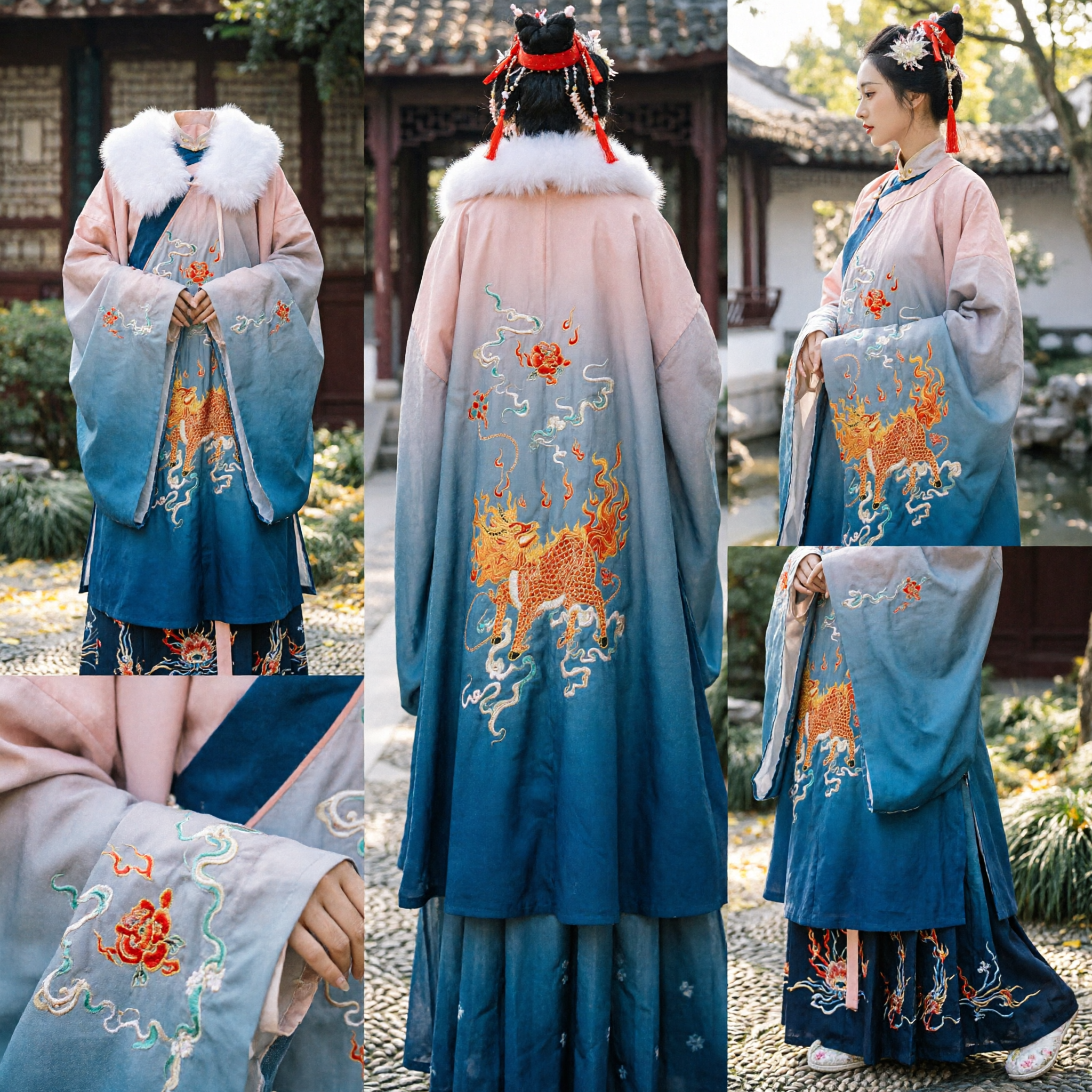 Capa de Invierno Hanfu Tradicional China para Mujeres, Capa Azul Degradado con Bordado de Fénix y Cuello de Piel Blanca - Asian Costume