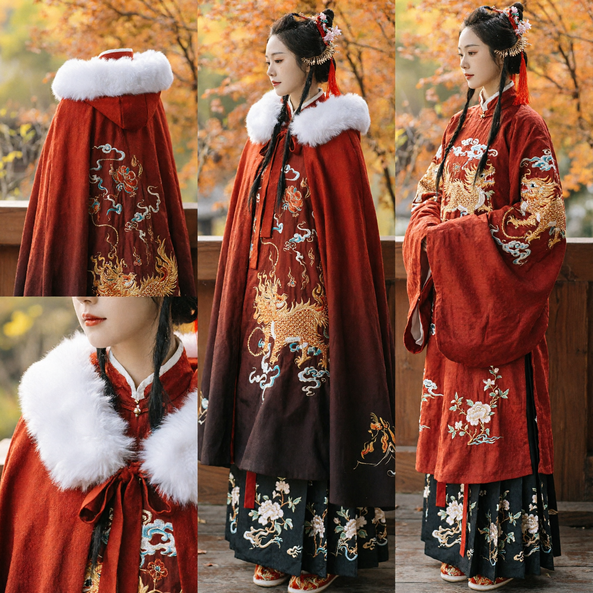 Manteau d'hiver Hanfu traditionnel chinois, cape rouge brodée de dragon avec col en fourrure blanche pour cosplay féminin - Asian Costume