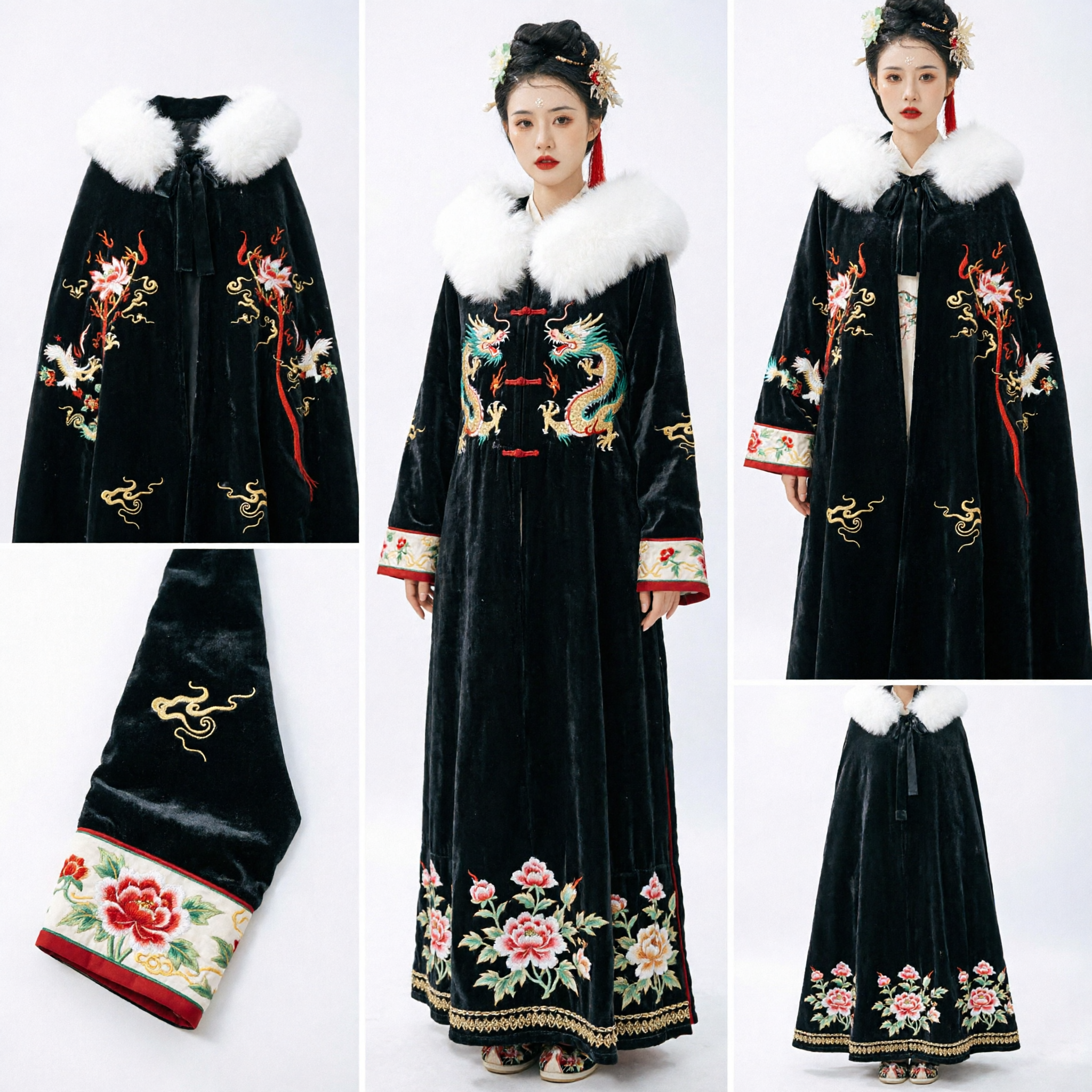 Tradycyjny Chiński Hanfu, Czarny Płaszcz z Białym Futrzanym Kołnierzem i Kwiatowym Haftem dla Kobiet, Starożytny Kostium - Asian Costume