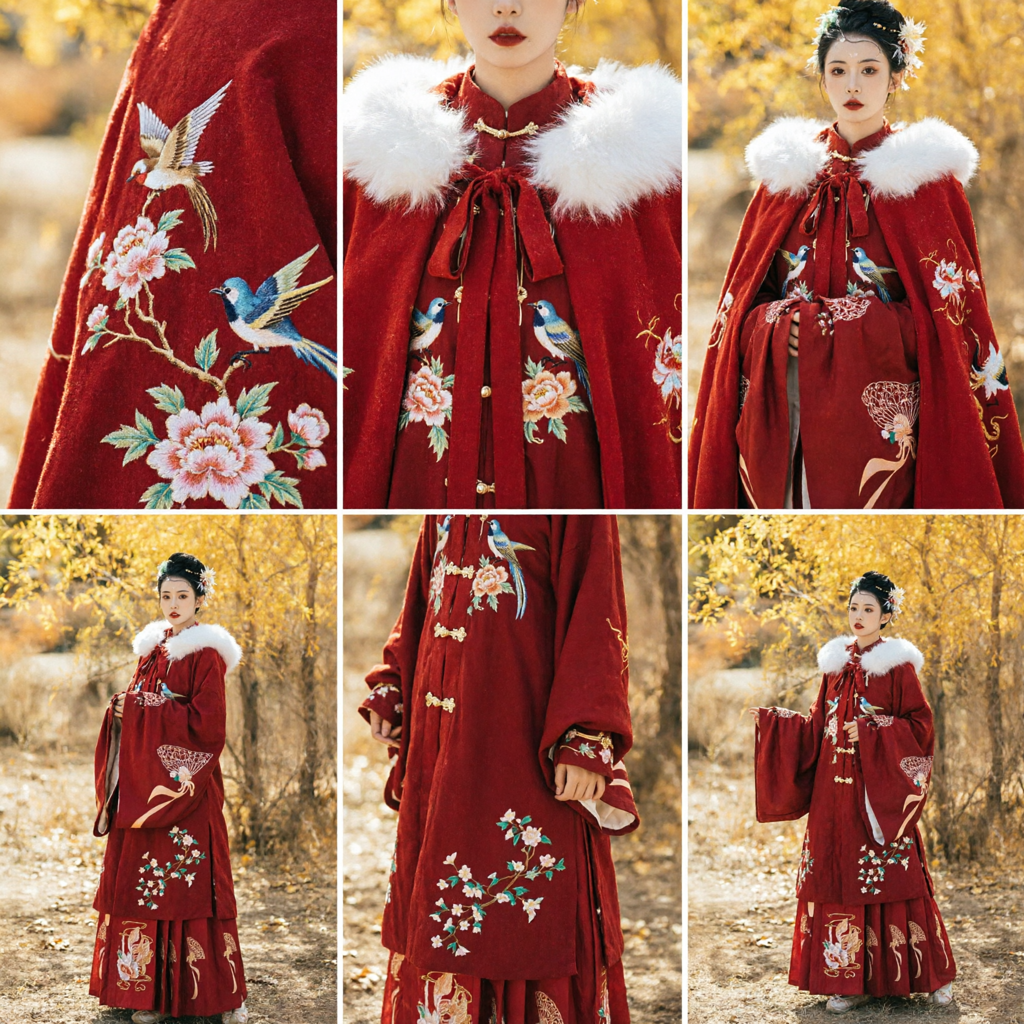 Capa de Inverno Tradicional Chinesa Hanfu Vermelha com Gola de Pele Branca e Bordado, Vestido Antigo para Mulheres - Asian Costume