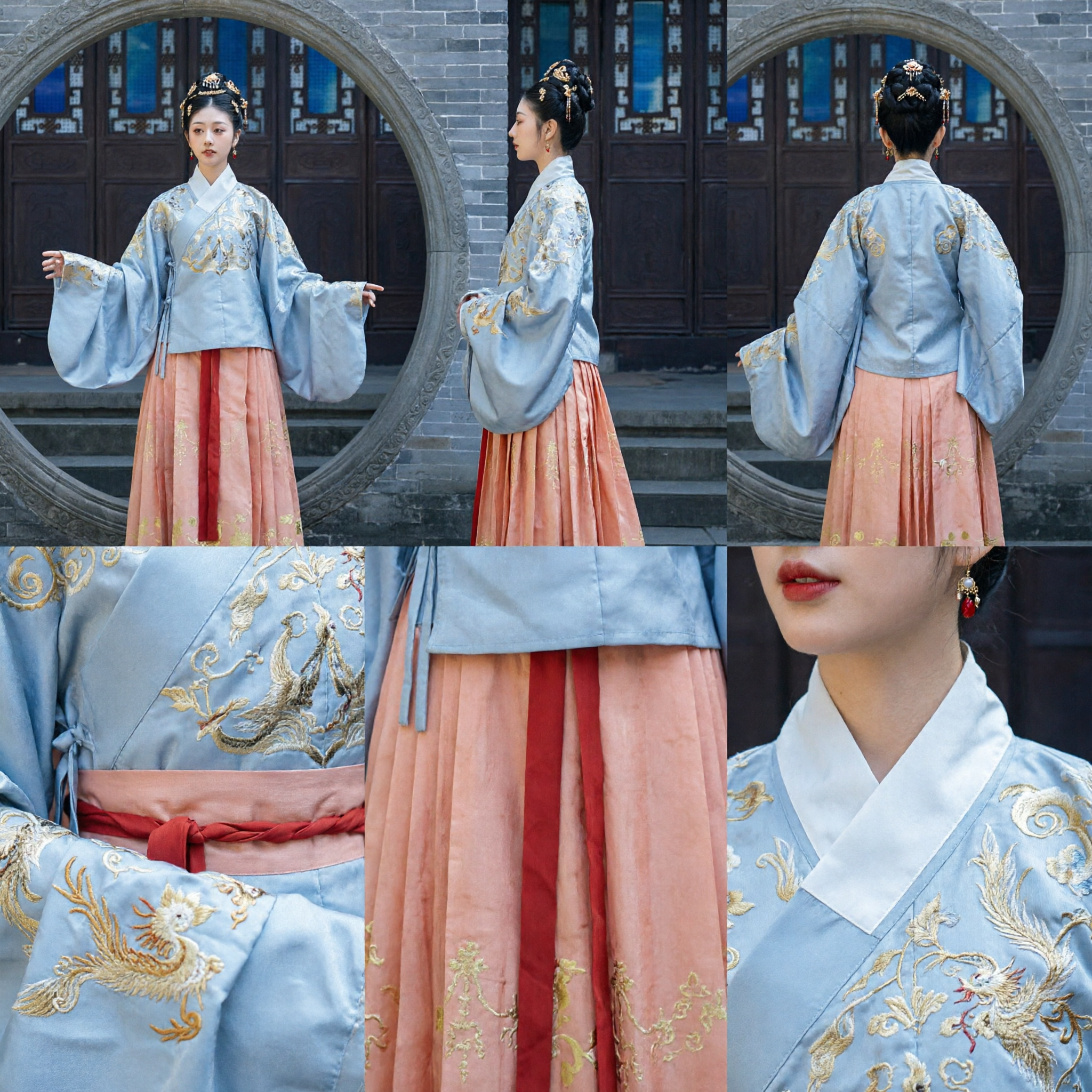 Traditionelle chinesische Hanfu-Kleidung für Frauen, Ming-Dynastie, besticktes blaues Ao-Oberteil und rosa Plisseerock-Set - Asian Costume