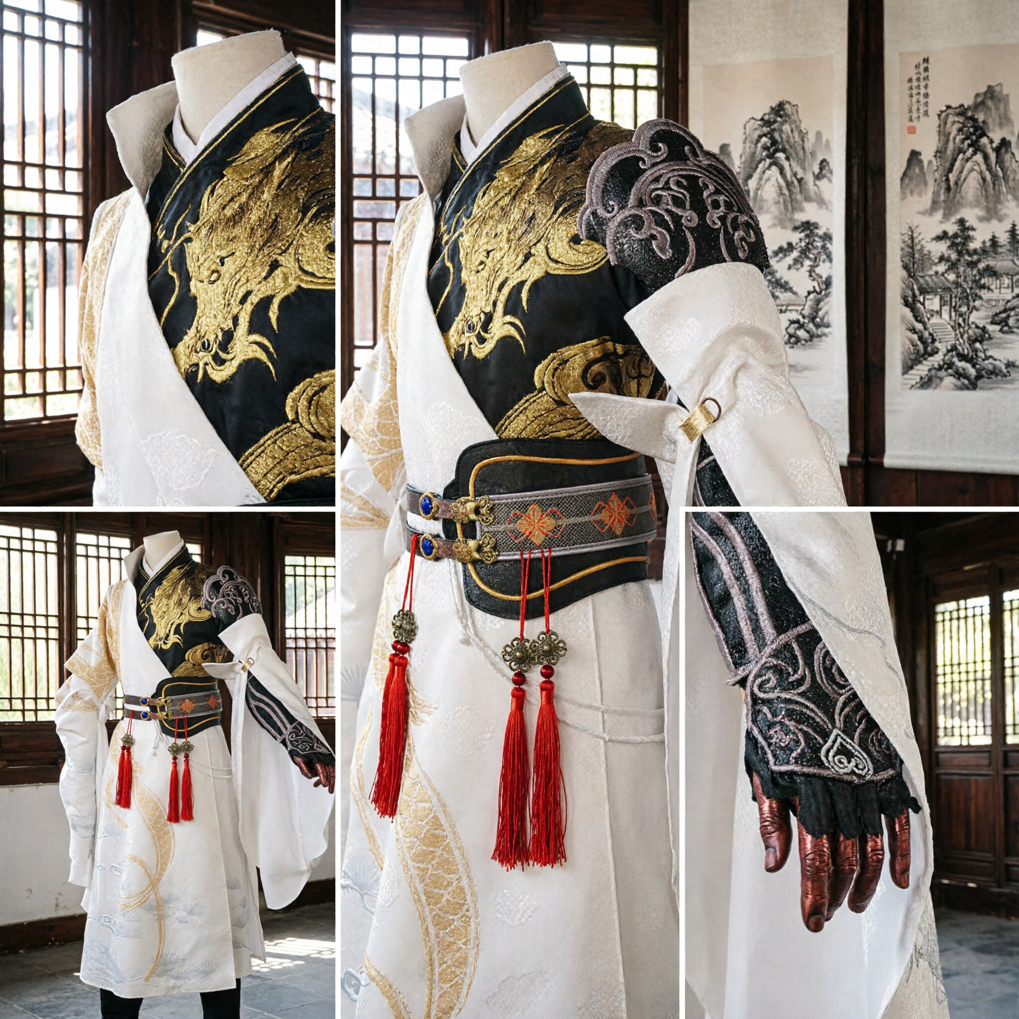 Mannen Oud Chinees Wuxia Zwaardvechter Kostuum Witte Hanfu met Gouden Draak Borduurwerk Cosplay Outfit voor Optreden - Asian Costume